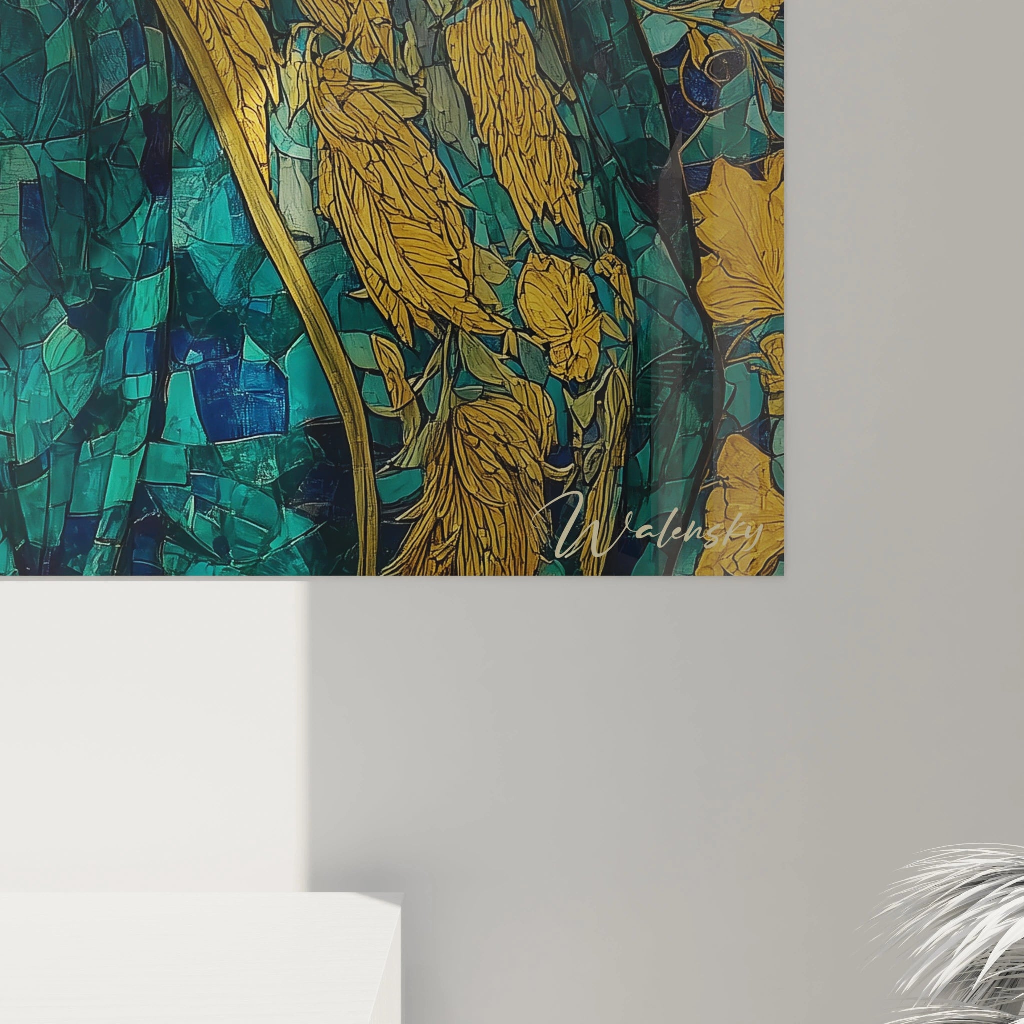 Tableau mural Walensky mosaïque turquoise et doré avec motifs floraux décoratifs tableau art nouveau femme pour salon moderne