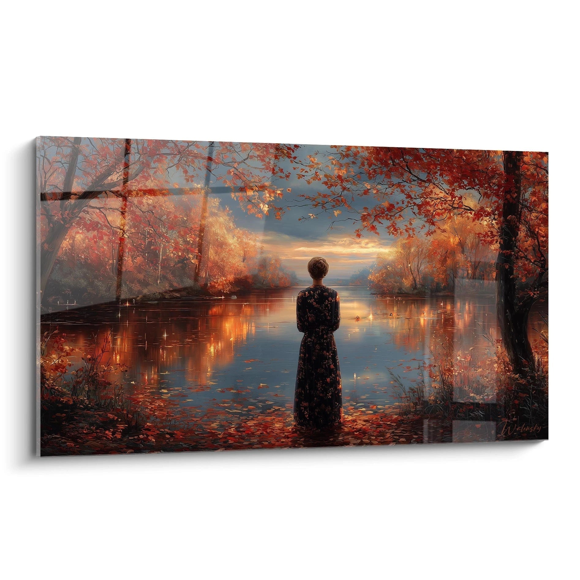Tableau mural Walensky tableau femme automne silhouette contemplative au bord d un lac automnal aux couleurs chaudes