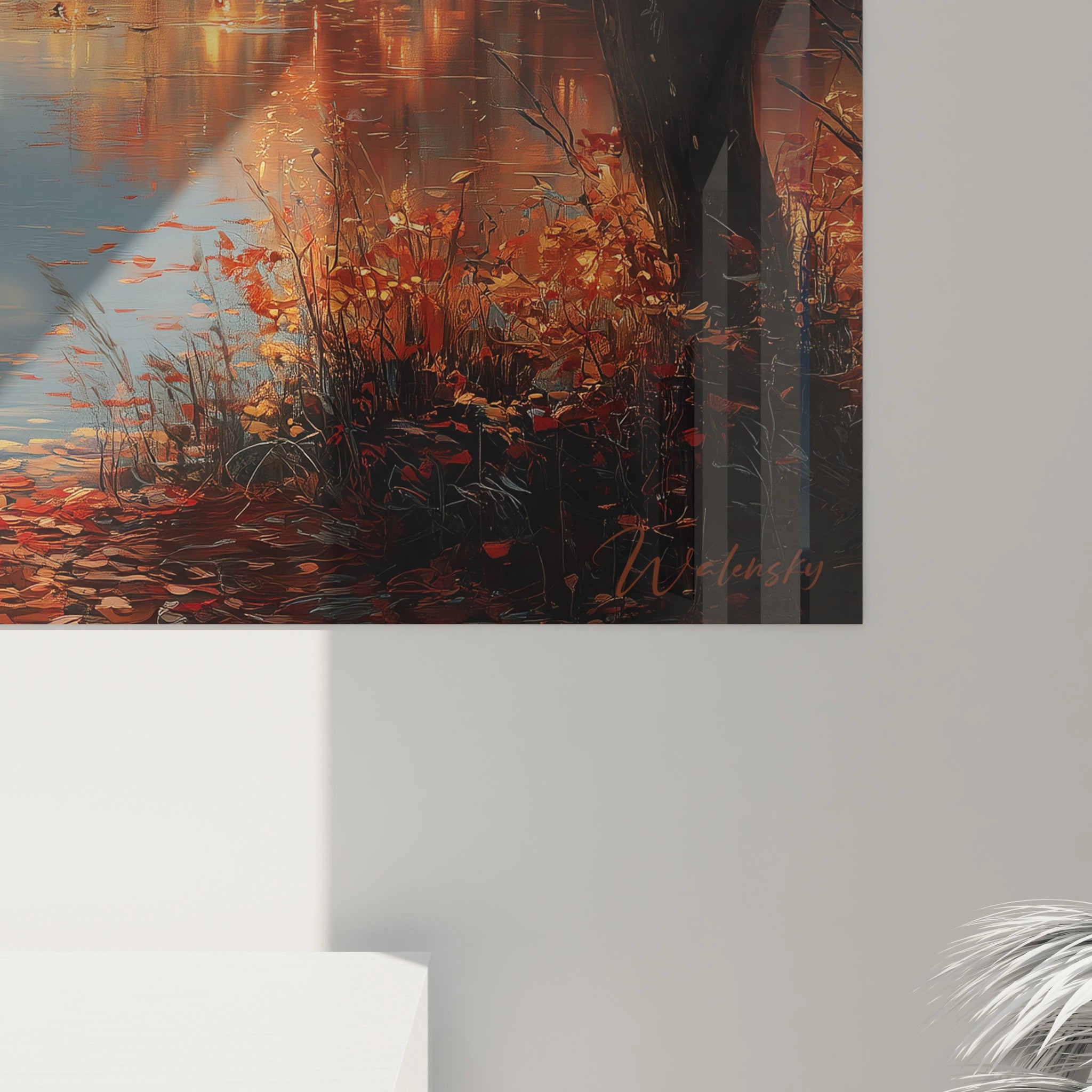 Tableau mural Walensky tableau femme automne au bord du lac avec feuillage orange et reflets