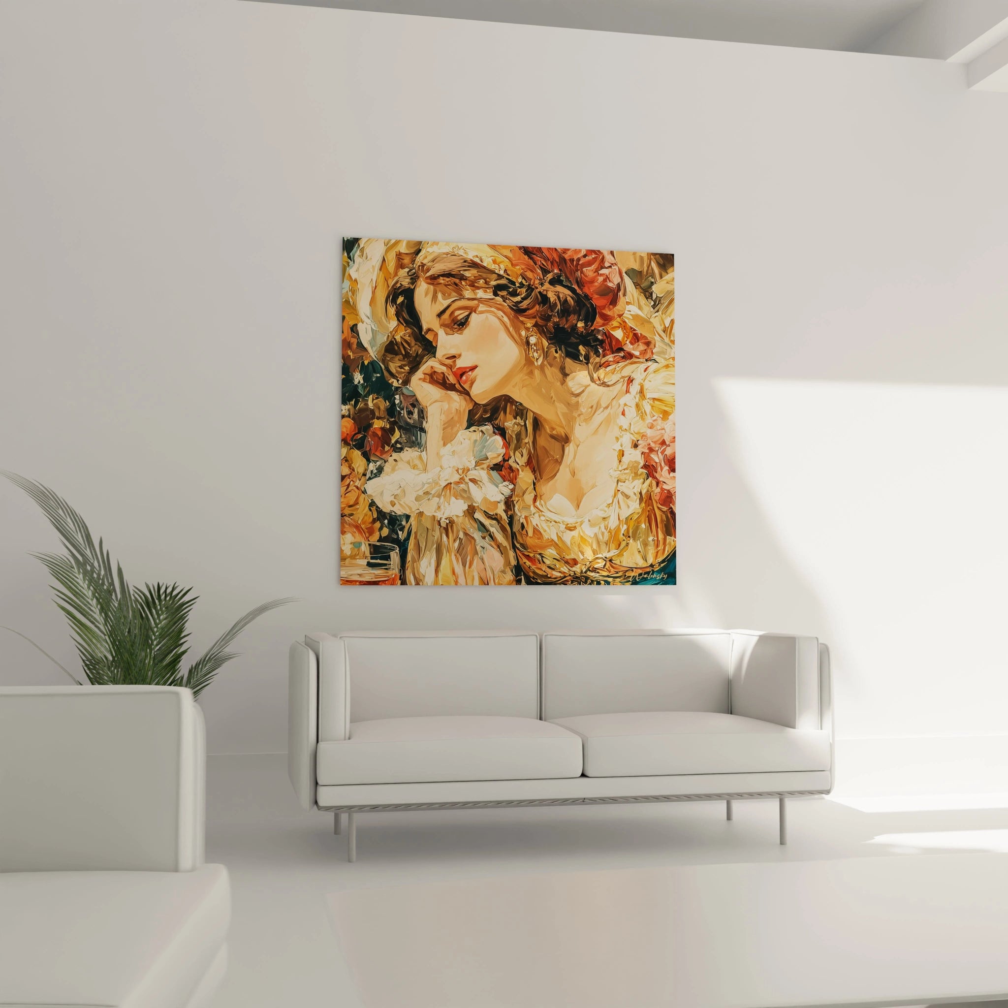 Tableau mural Walensky tableau femme renaissance montrant une femme rêveuse aux tons chauds au dessus d un canapé blanc