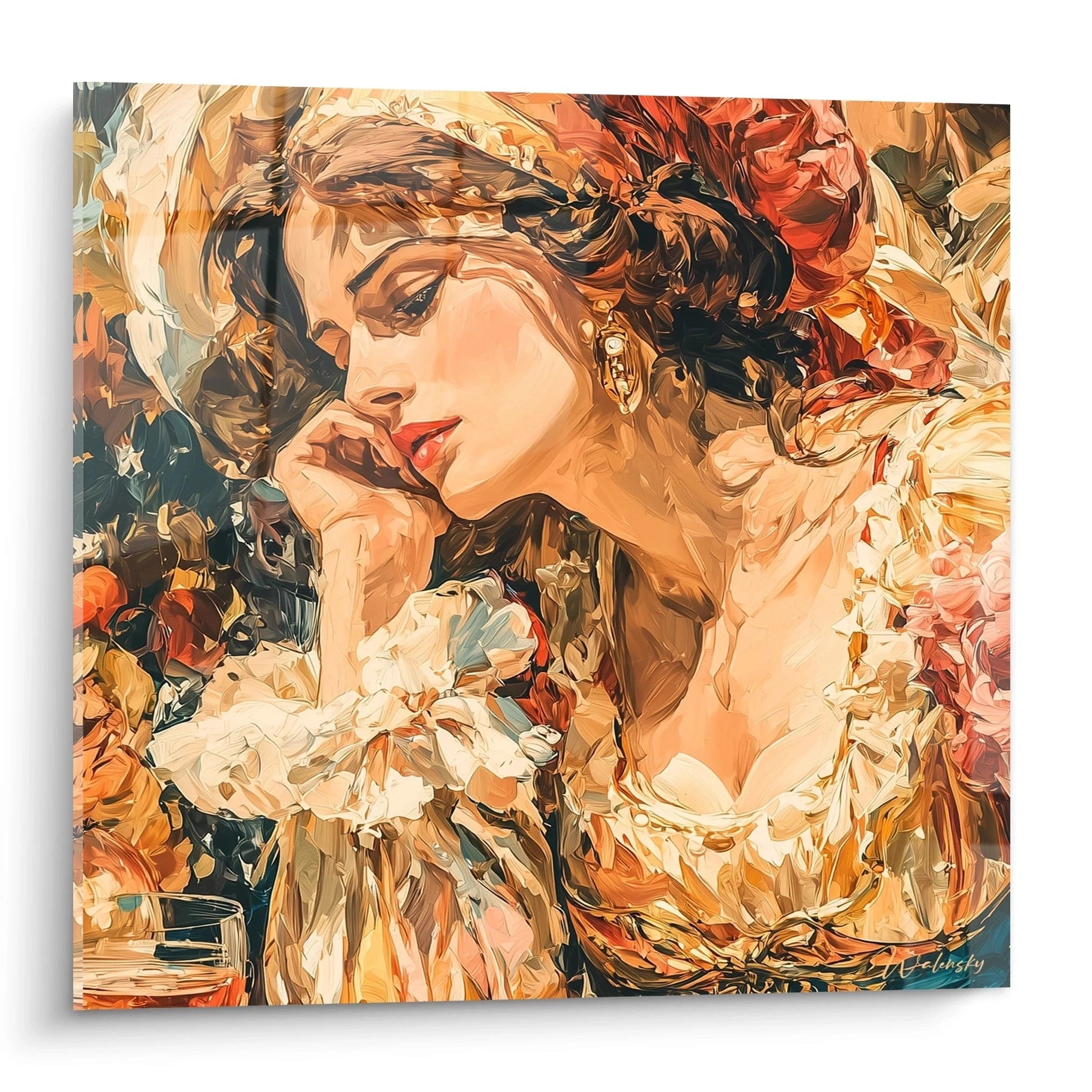 Tableau mural Walensky tableau femme renaissance peint a la main portrait de femme contemplative en robes florales aux tons chauds
