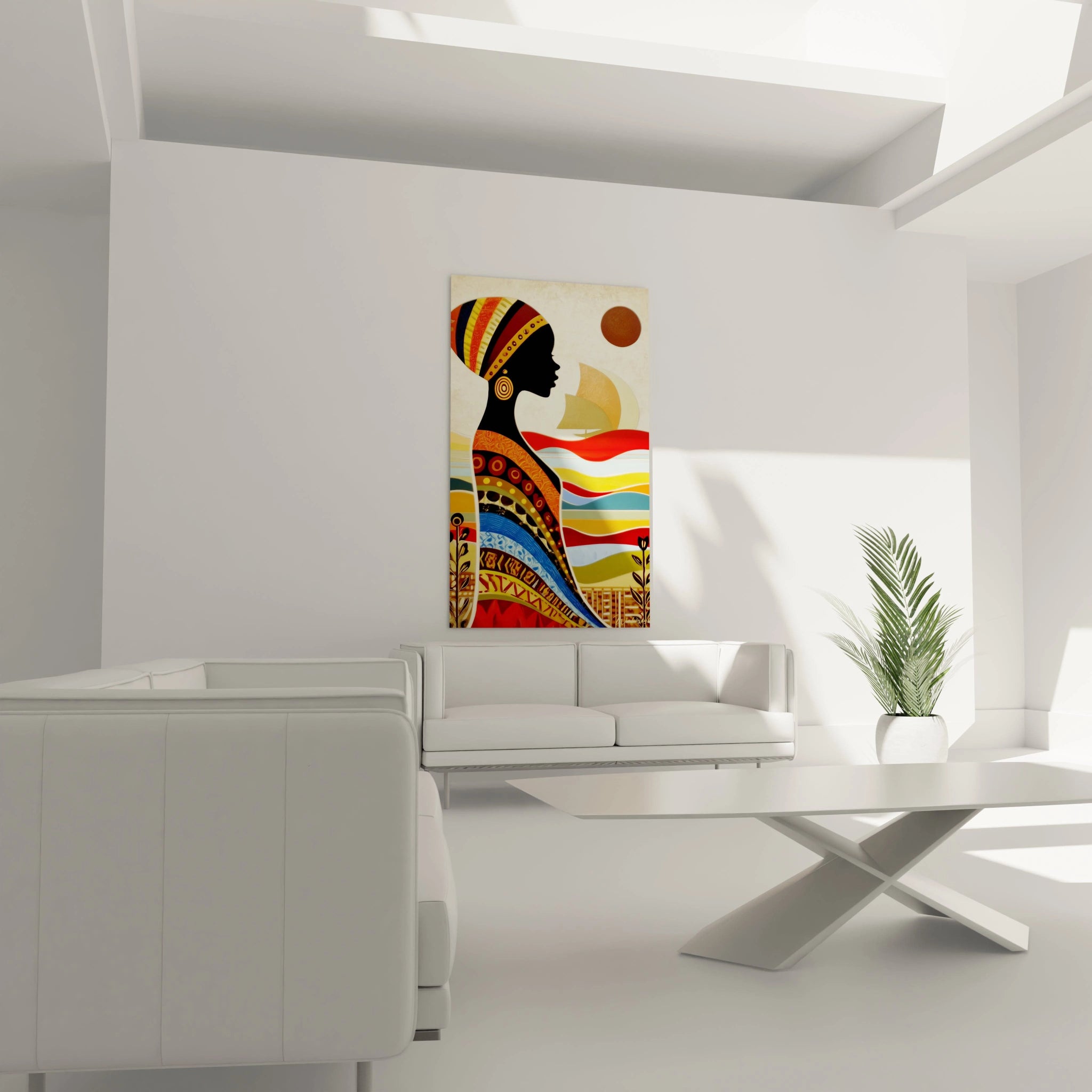 Tableau mural représentant une femme africaine moderne avec des couleurs vives et un design stylisé