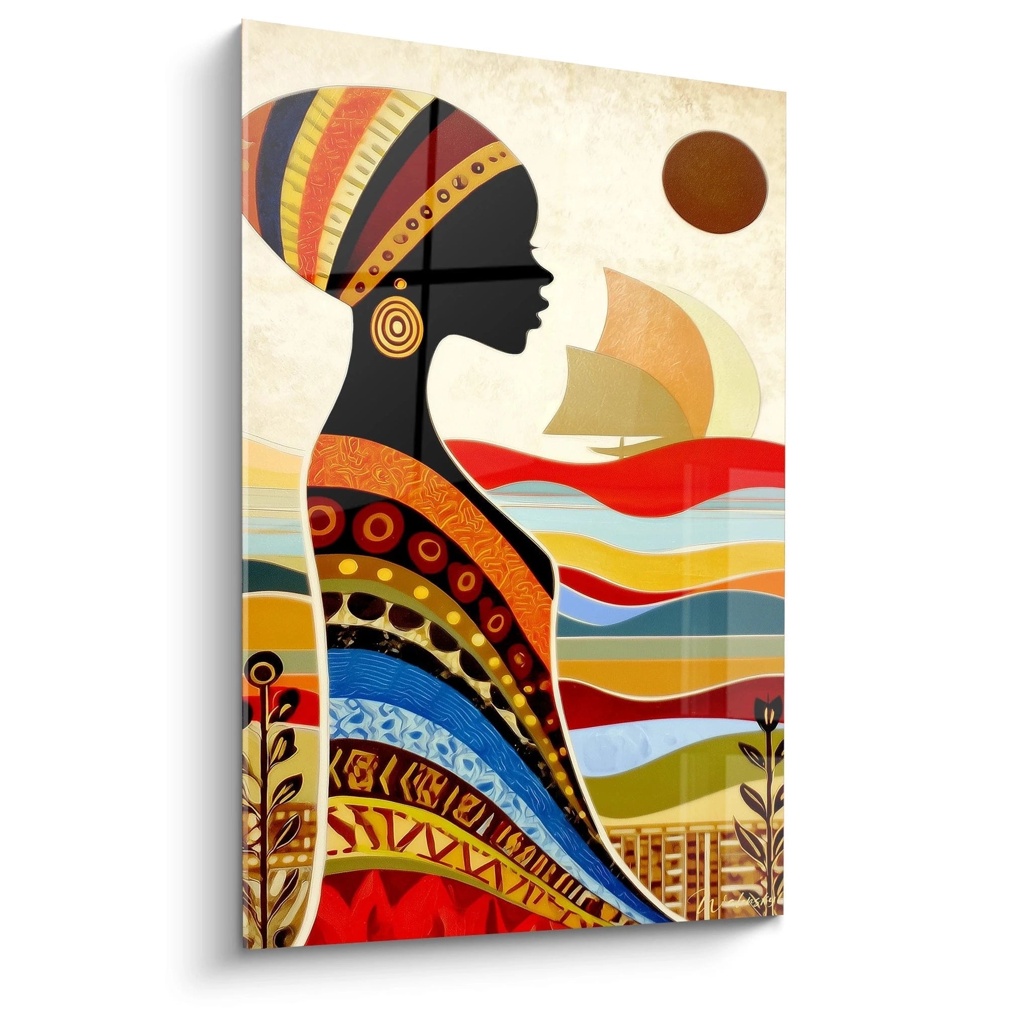 Tableau femme africain moderne avec silhouettes colorées et paysage en arrière-plan