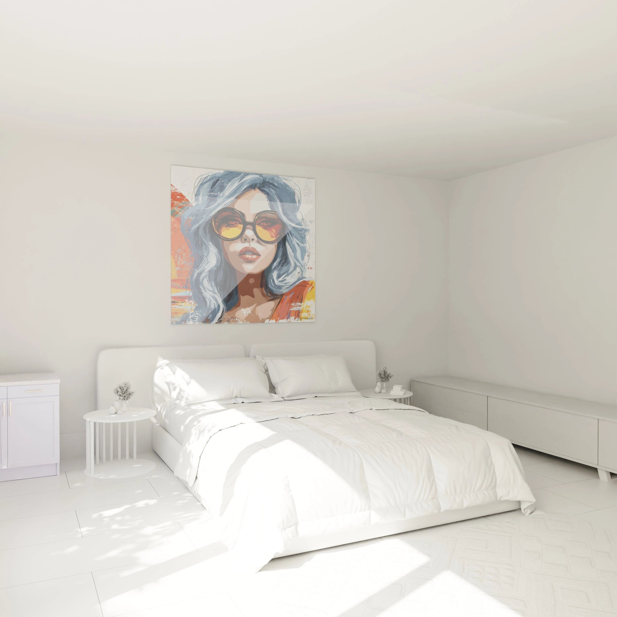 tableau femme moderne Walensky portrait coloré d une femme aux lunettes sur mur de chambre blanche minimaliste