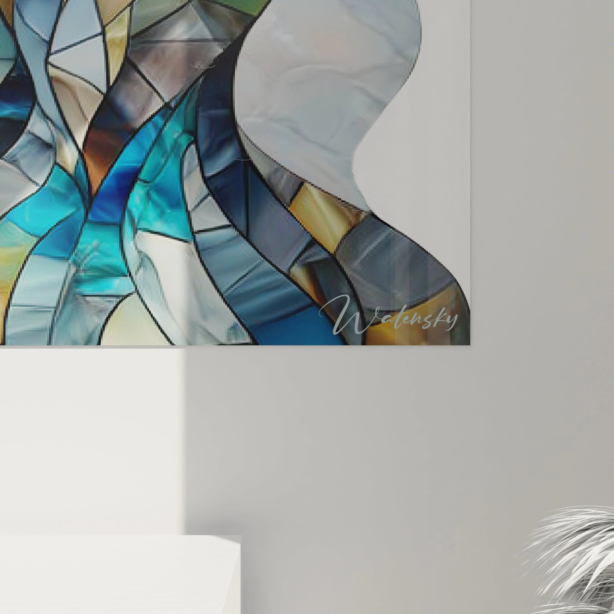 Tableau cubiste femme de Walensky avec des motifs colorés et stylisés sur un mur moderne