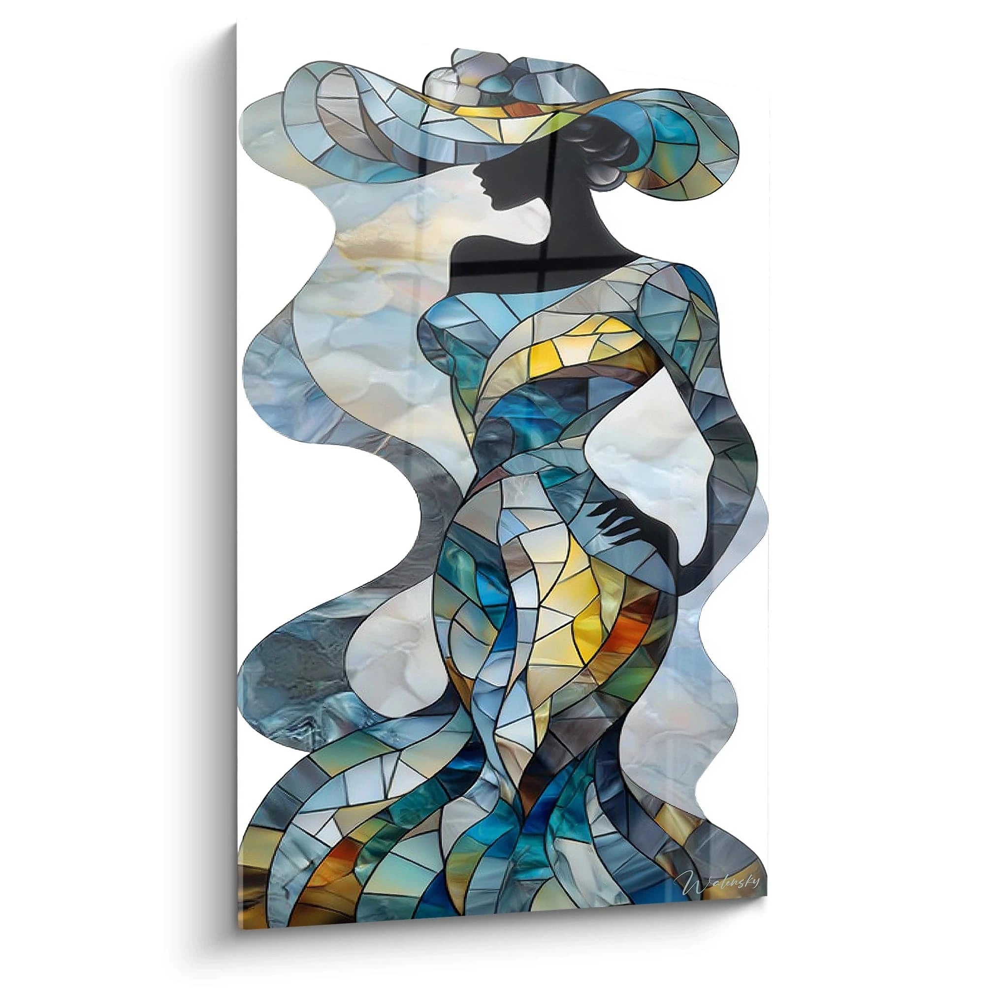 Tableau cubiste femme en couleurs vives avec silhouette élégante et chapeau stylé