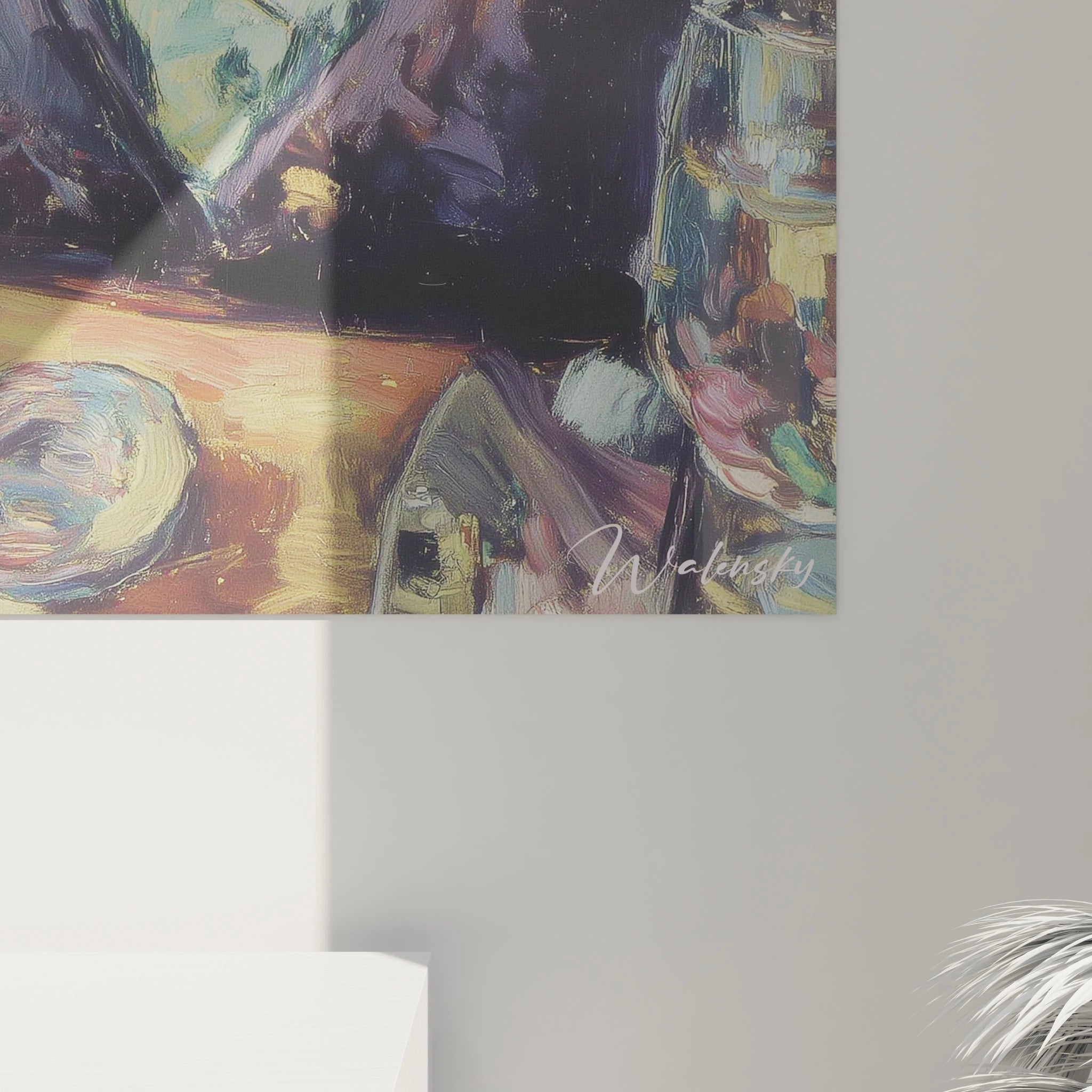 Gros plan de tableau mural Walensky montrant un tableau femme post impressionnisme aux coups de pinceau colorés et signature