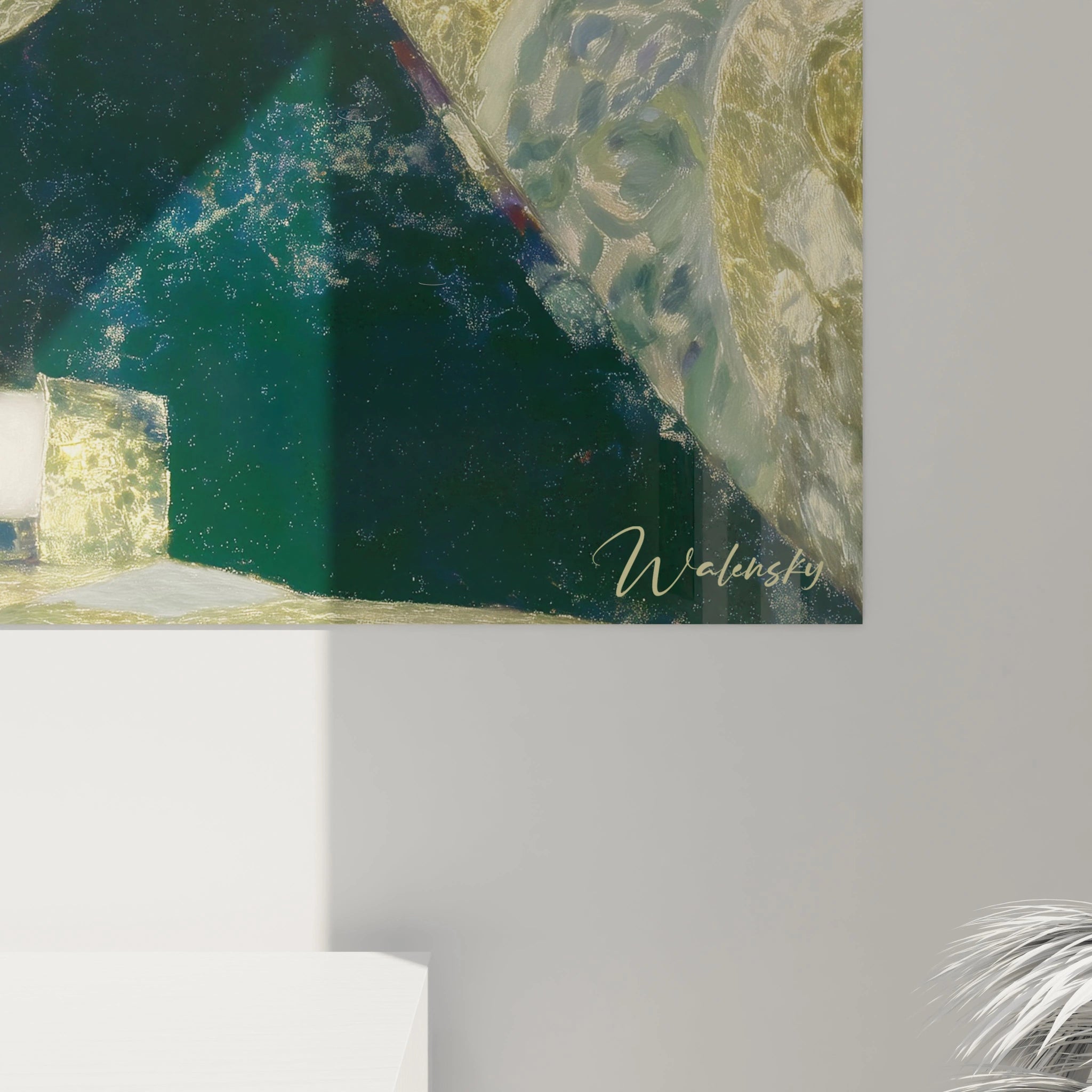Tableau mural Walensky gros plan abstrait vert et or avec signature Walensky tableau symboliste femme