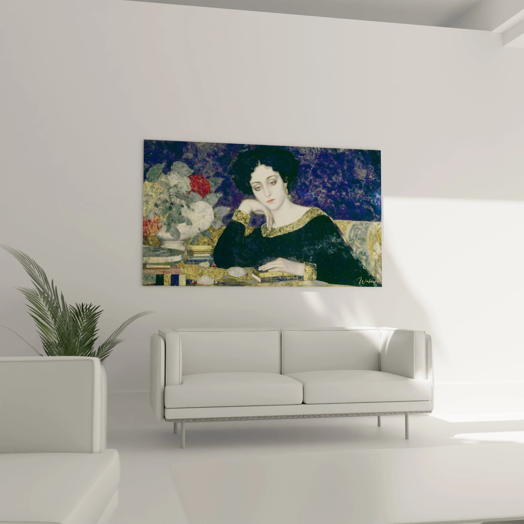 Walensky tableau symboliste femme portrait contemplatif de la femme en robe noire sur toile murale dans salon