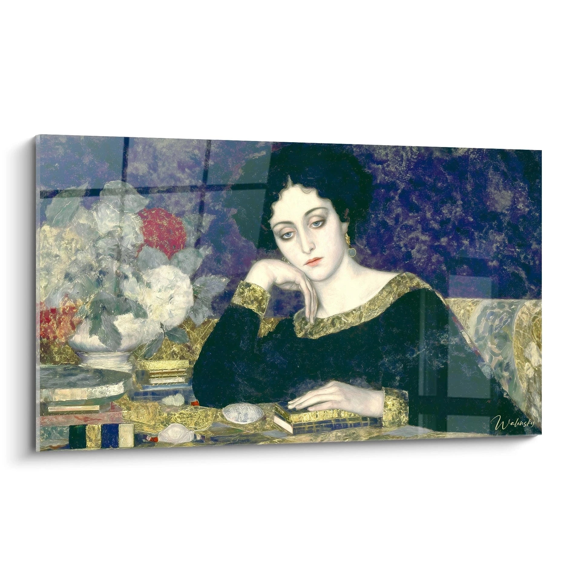 Walensky tableau symboliste femme peinture murale d'une femme pensive en robe noire ornée d'or avec fleurs et livres décoratifs