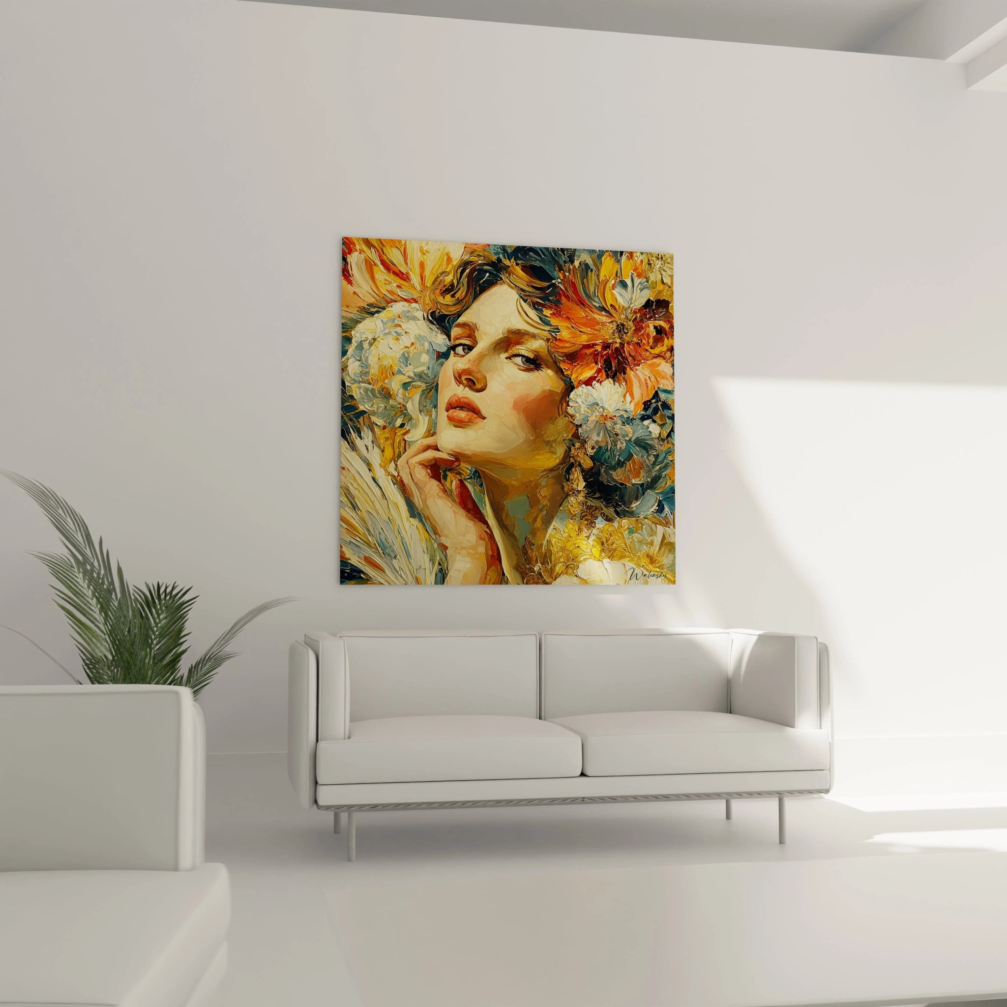 tableau femme baroque portrait de femme orné de fleurs tons chauds accroché au dessus d un canapé blanc dans salon minimaliste