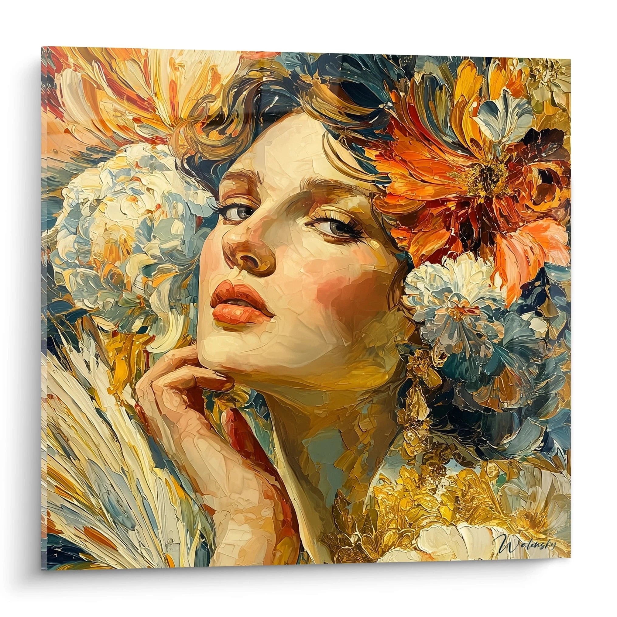 Walensky tableau femme baroque portrait mural de femme aux fleurs couleurs chaudes et texture épaisse