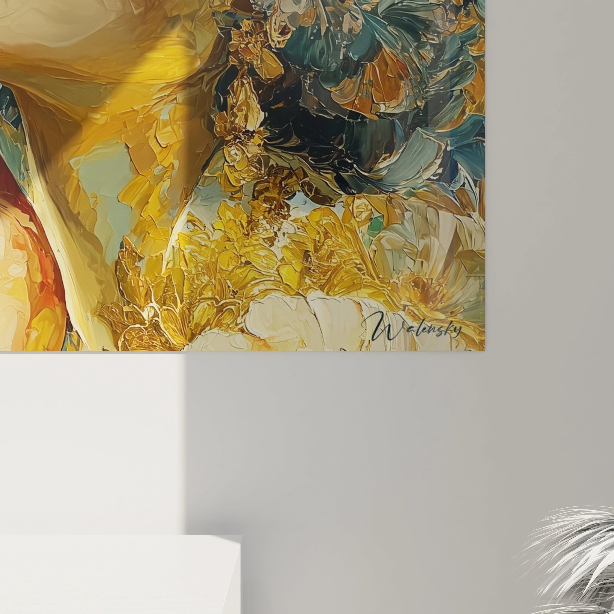 tableau femme baroque Walensky mural en peinture épaisse dorée et turquoise avec motifs floraux