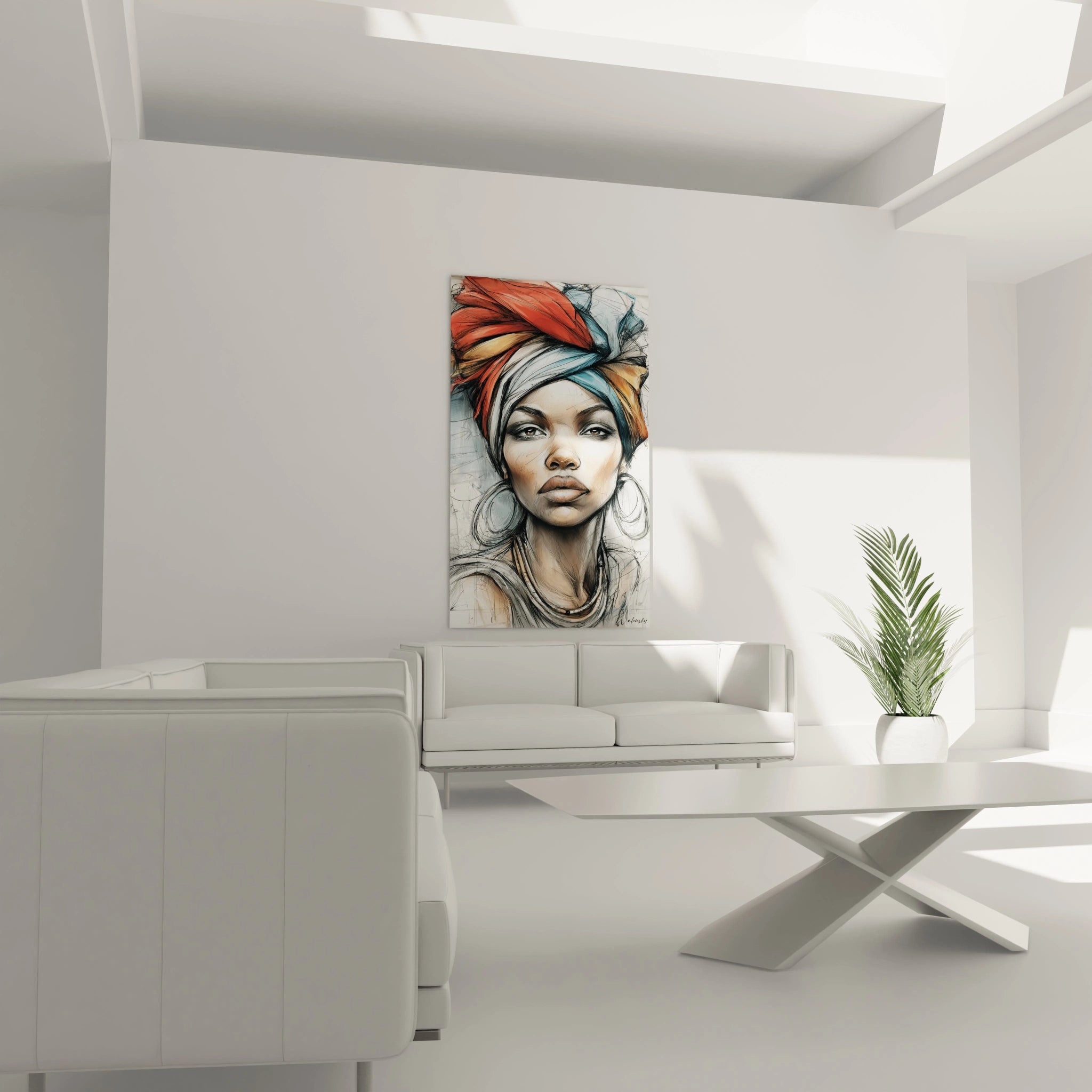Tableau femme africaine moderne de Walensky sur un mur blanc dans un salon minimaliste
