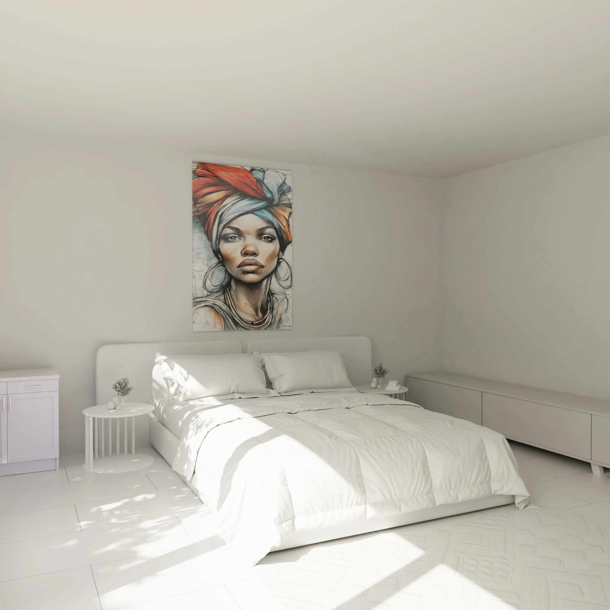 Tableau femme africaine moderne de Walensky décorant un mur dans une chambre lumineuse