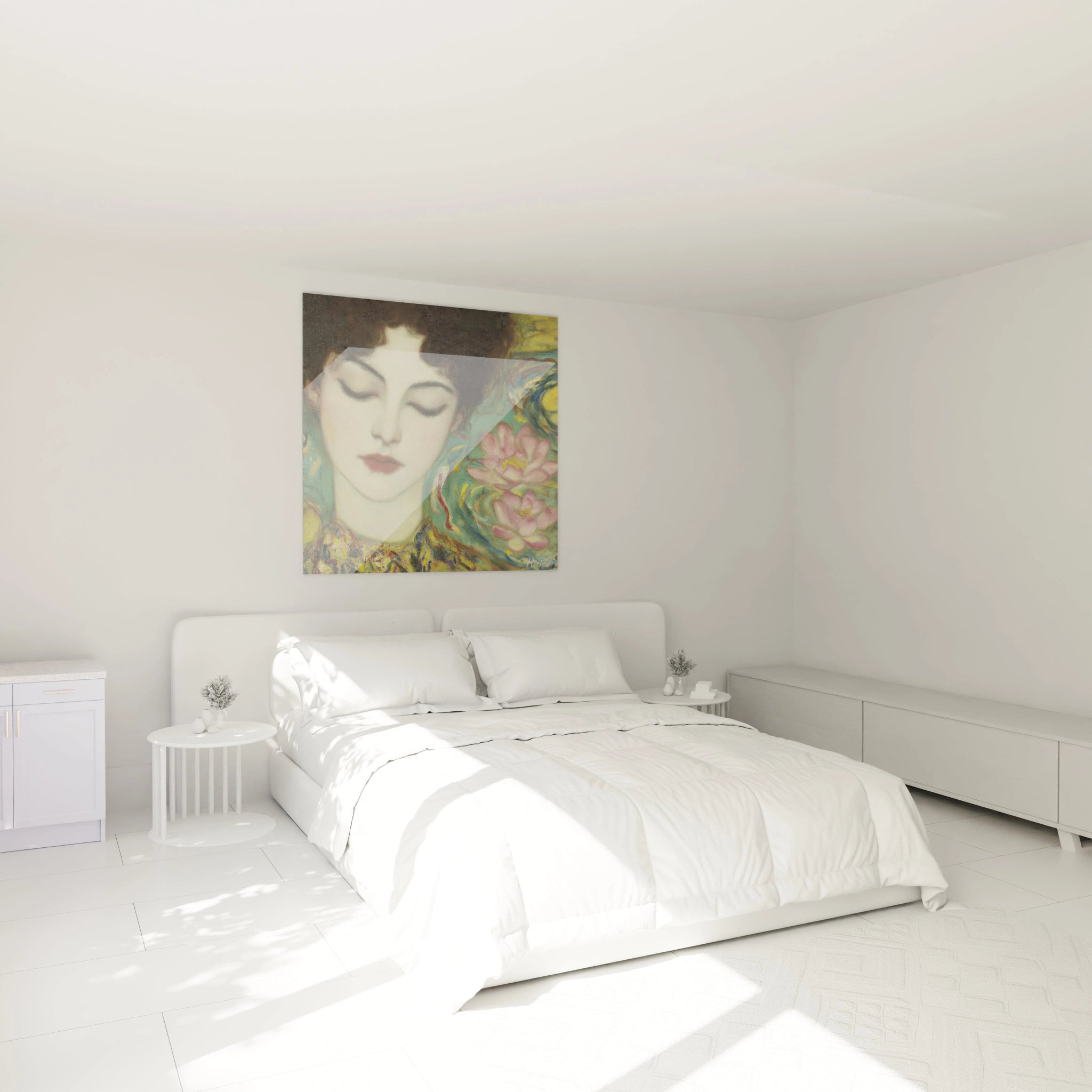 tableau symboliste femme renaissance Walensky accroché au dessus d un lit blanc minimaliste dans une chambre lumineuse