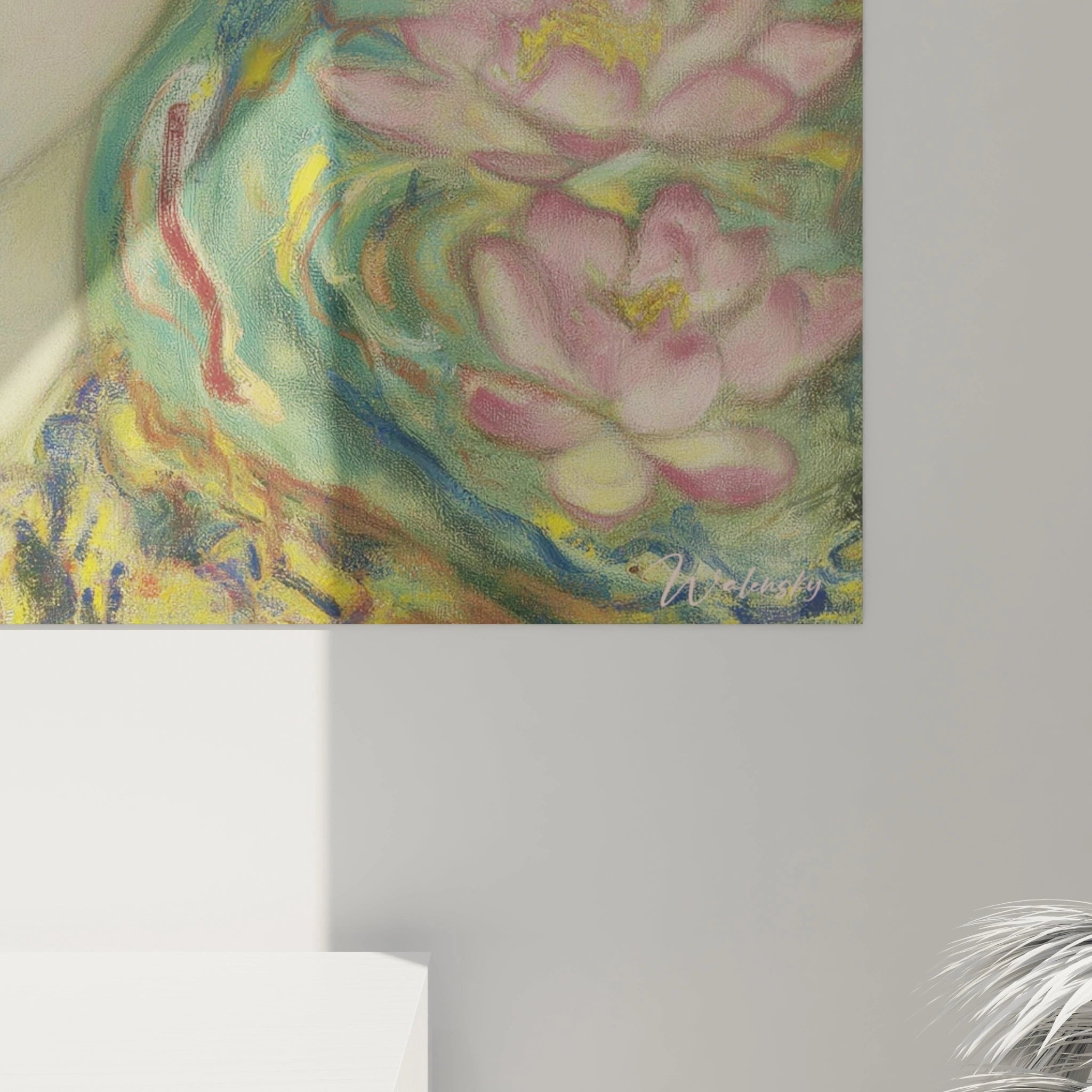 tableau symboliste femme renaissance Walensky tableau mural avec nénuphars roses motifs aquatiques et signature