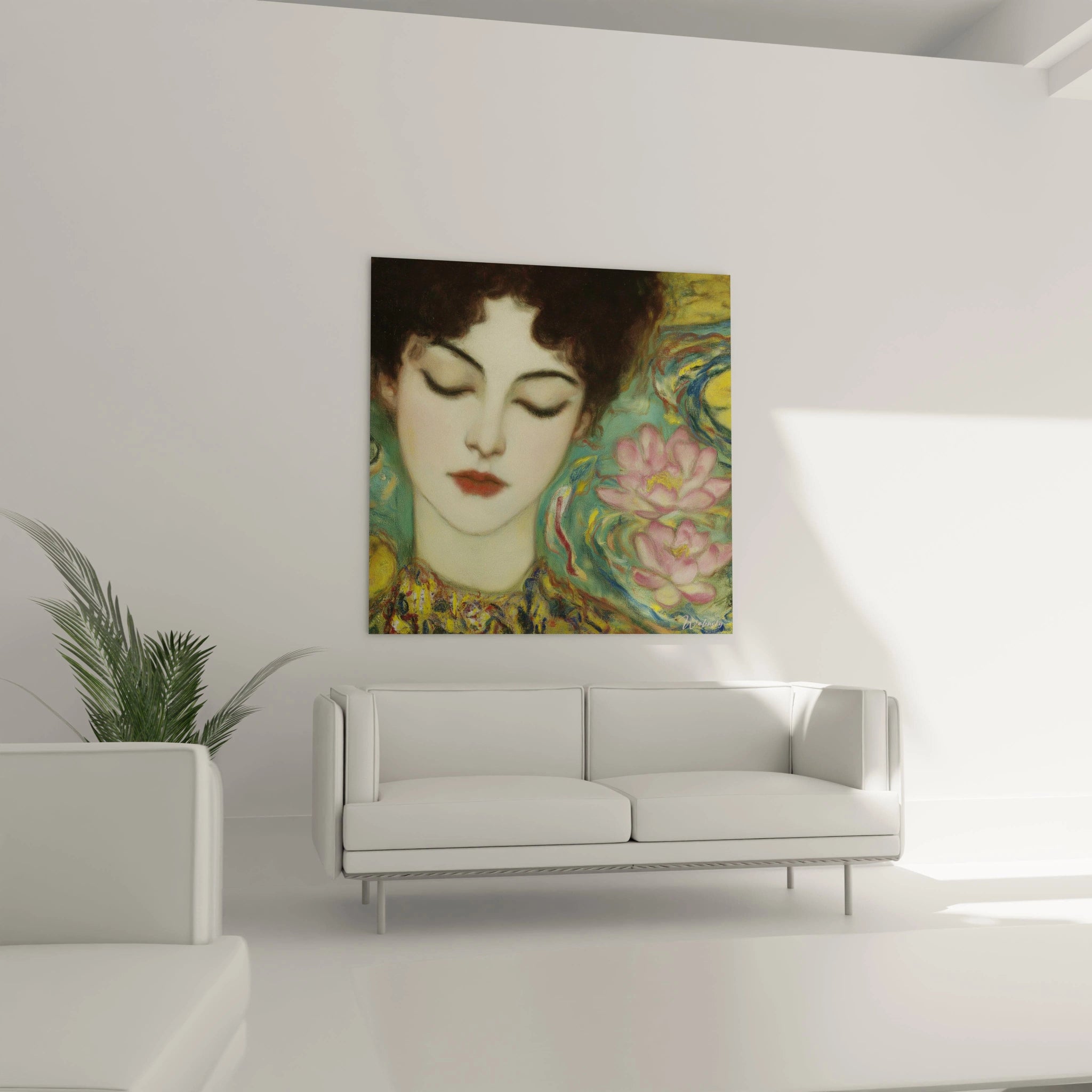 Tableau mural Walensky portrait d une muse aux yeux fermés tableau symboliste femme renaissance fond floral