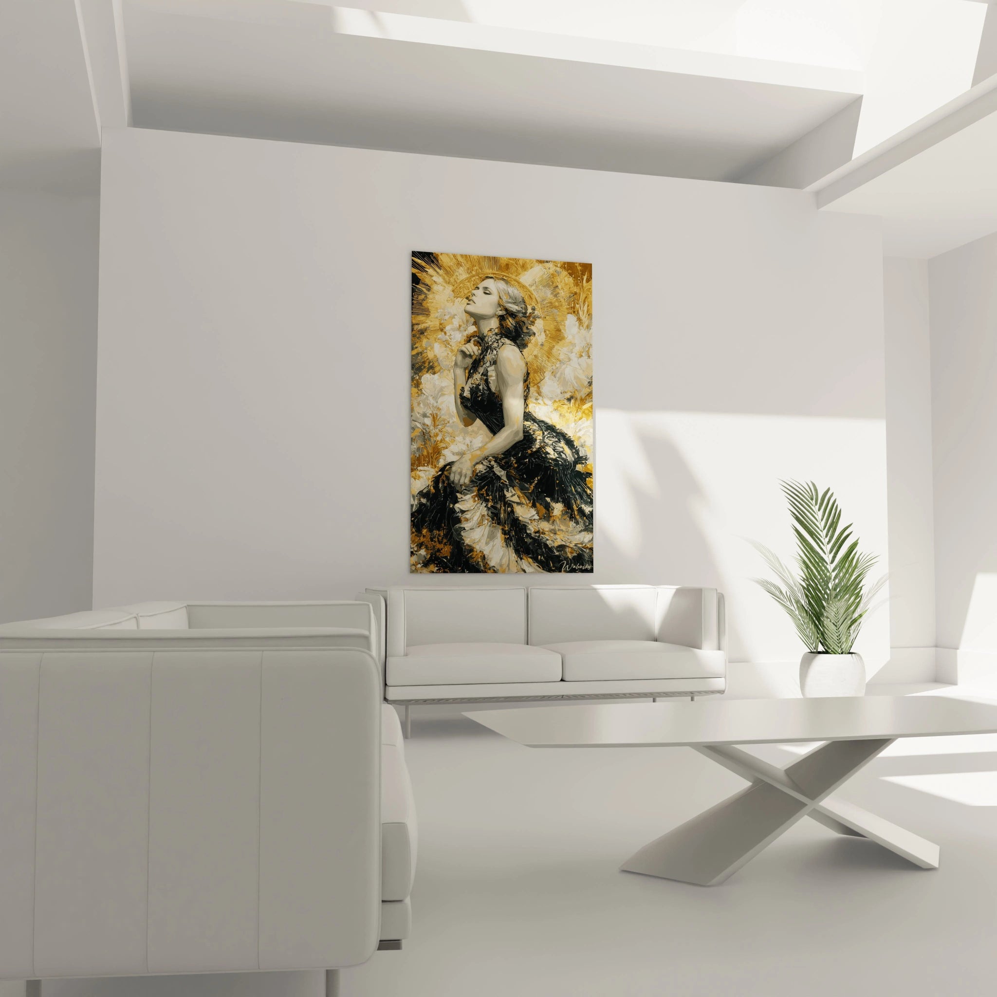 tableau femme renaissance noire Walensky portrait mural dore et noir accroche dans salon moderne minimaliste