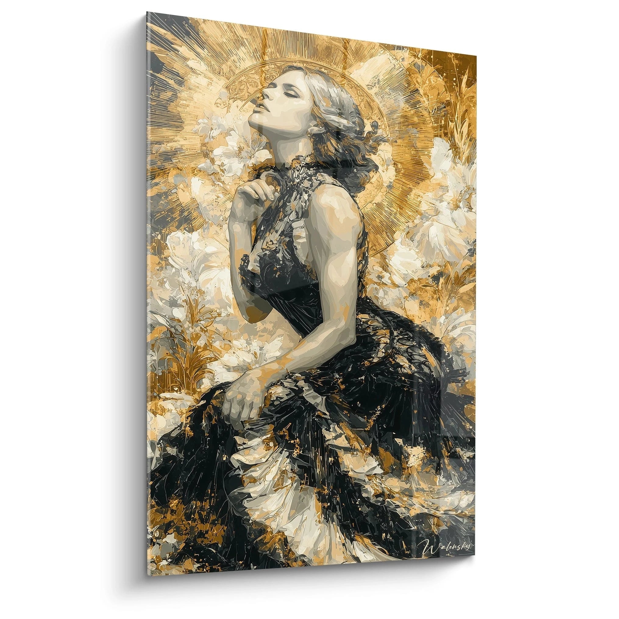 Tableau mural Walensky portrait d une femme en robe or et noir tableau femme renaissance noire pour salon