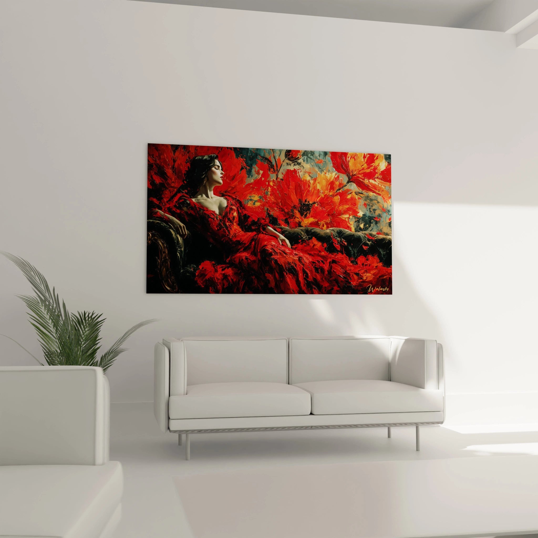 tableau gothique femme Walensky mural montrant une femme en robe rouge entourée de fleurs rouges dans un salon moderne