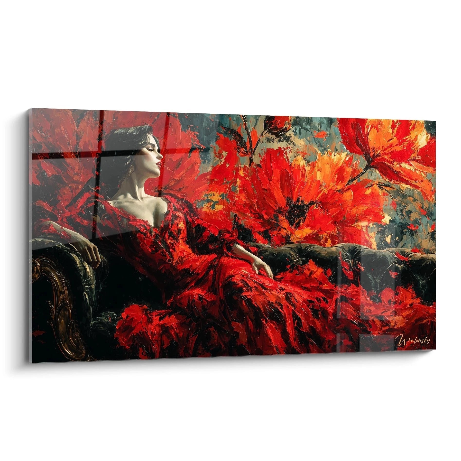 tableau gothique femme Walensky peinture murale femme allongée en robe rouge sur canapé entourée de grandes fleurs rouges
