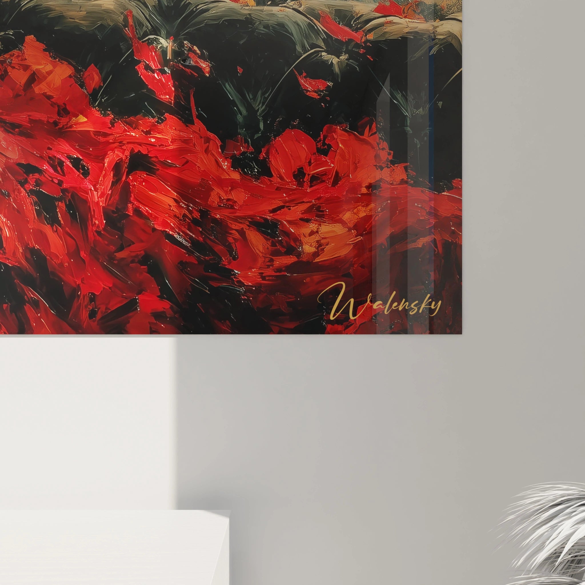 tableau gothique femme Walensky peinture murale abstraite rouge et noire touches florales et signature dorée