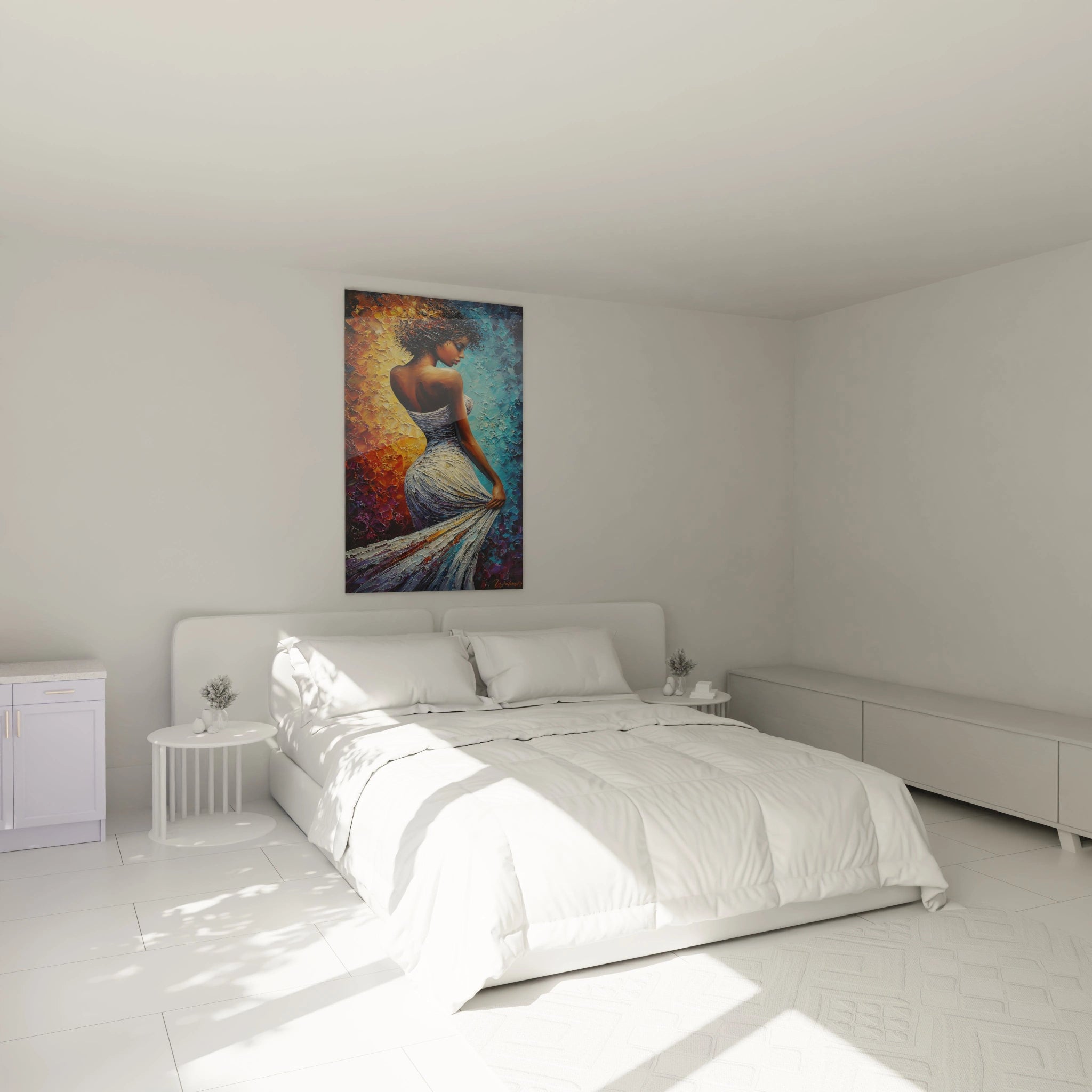 Tableau femme moderne de Walensky accroché au mur d'une chambre lumineuse avec lit blanc