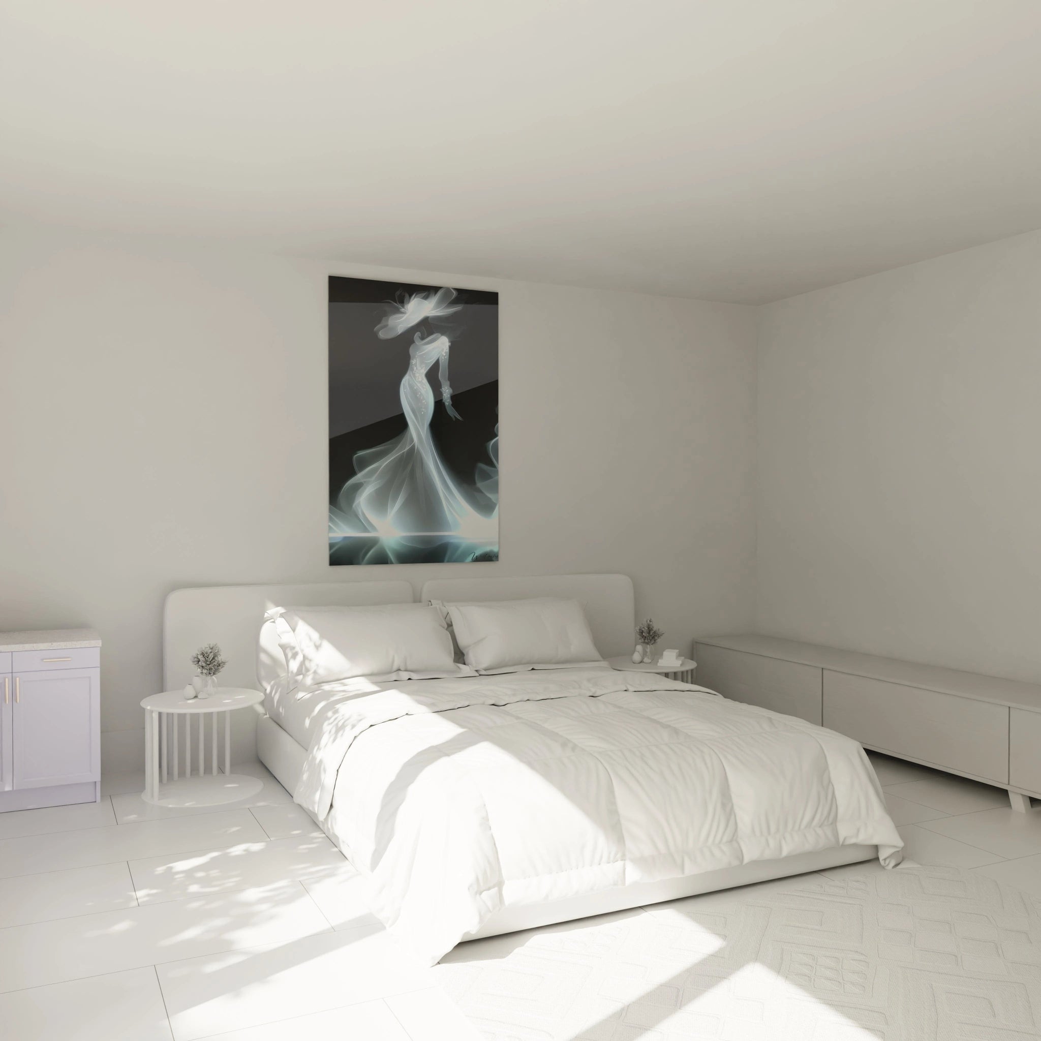 Tableau femme robe longue noir et blanc accroché au mur d'une chambre moderne et élégante