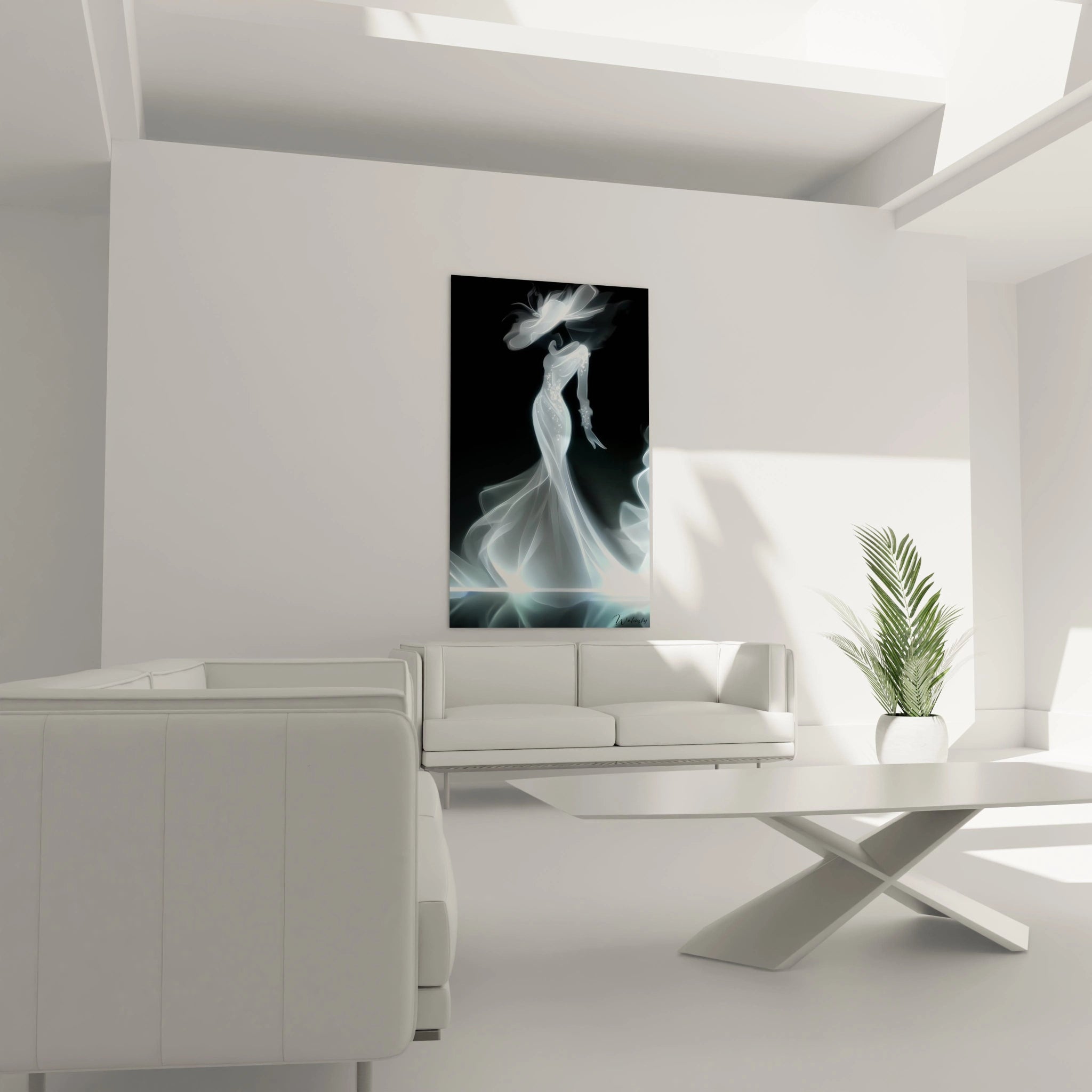 Tableau femme robe longue noir et blanc dans un intérieur moderne avec canapé élégant