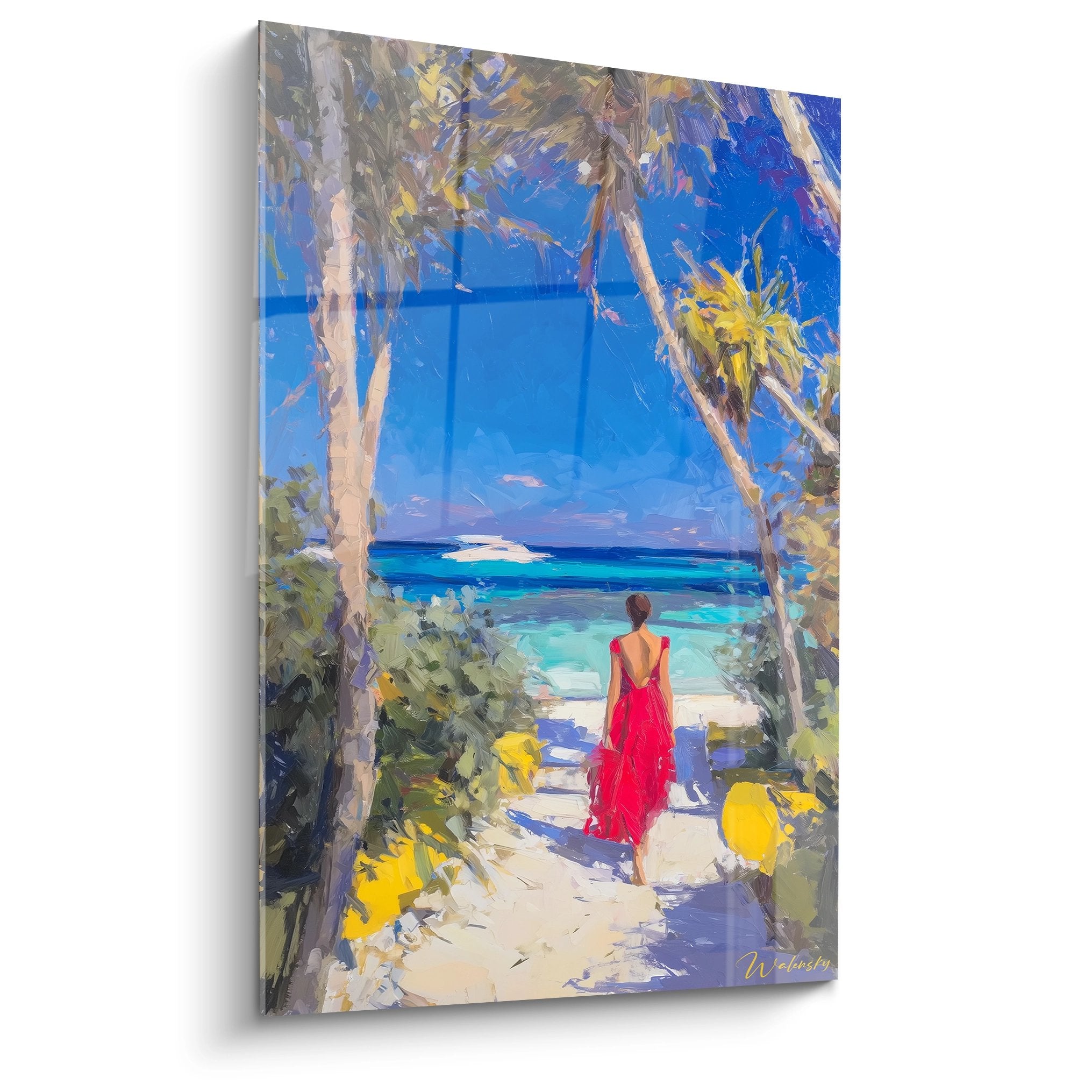 Tableau mural femme robe rouge plage tropicale palmiers océan turquoise art îles archipels