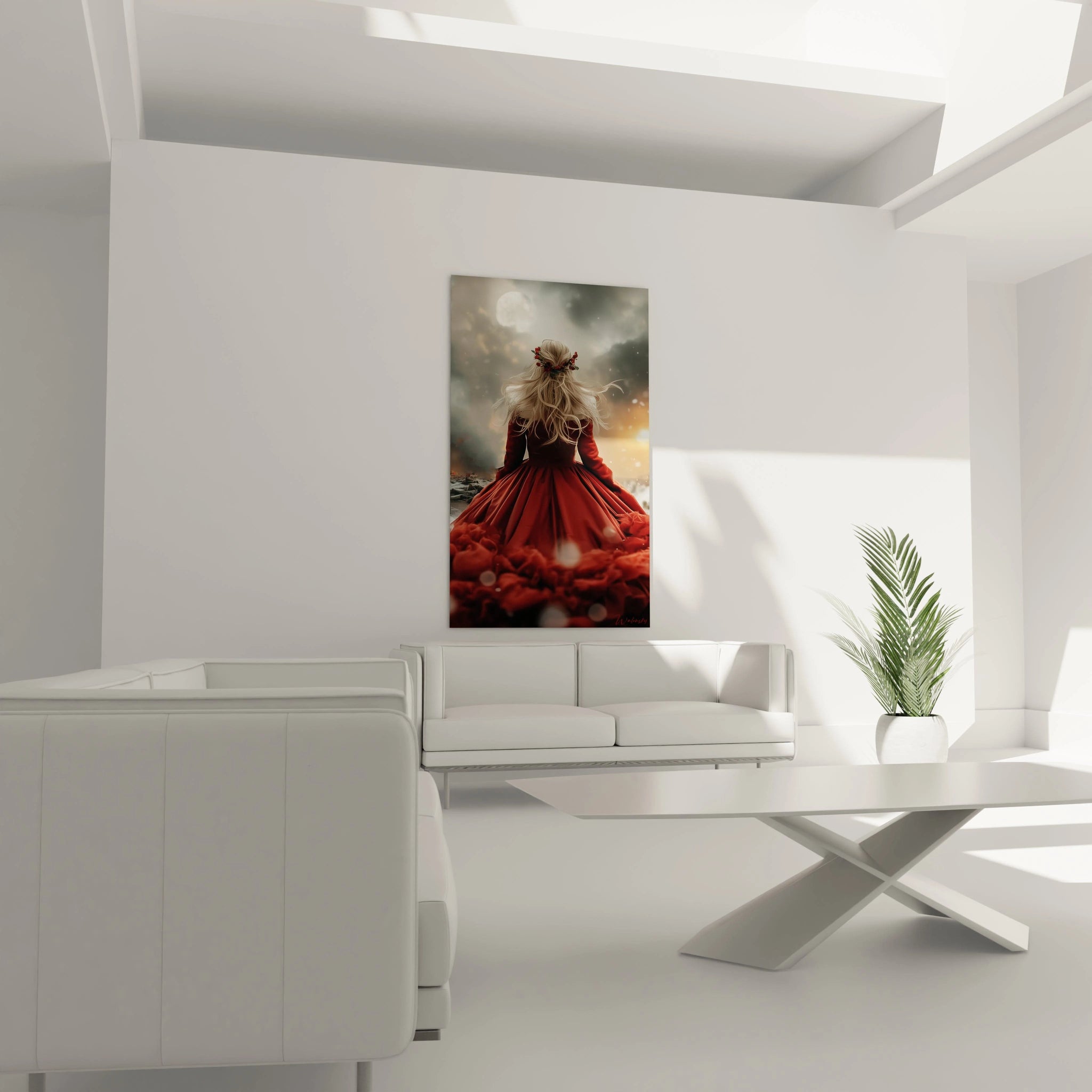 Tableau femme rouge carmin avec une robe élégante, décor mural moderne pour un intérieur stylé