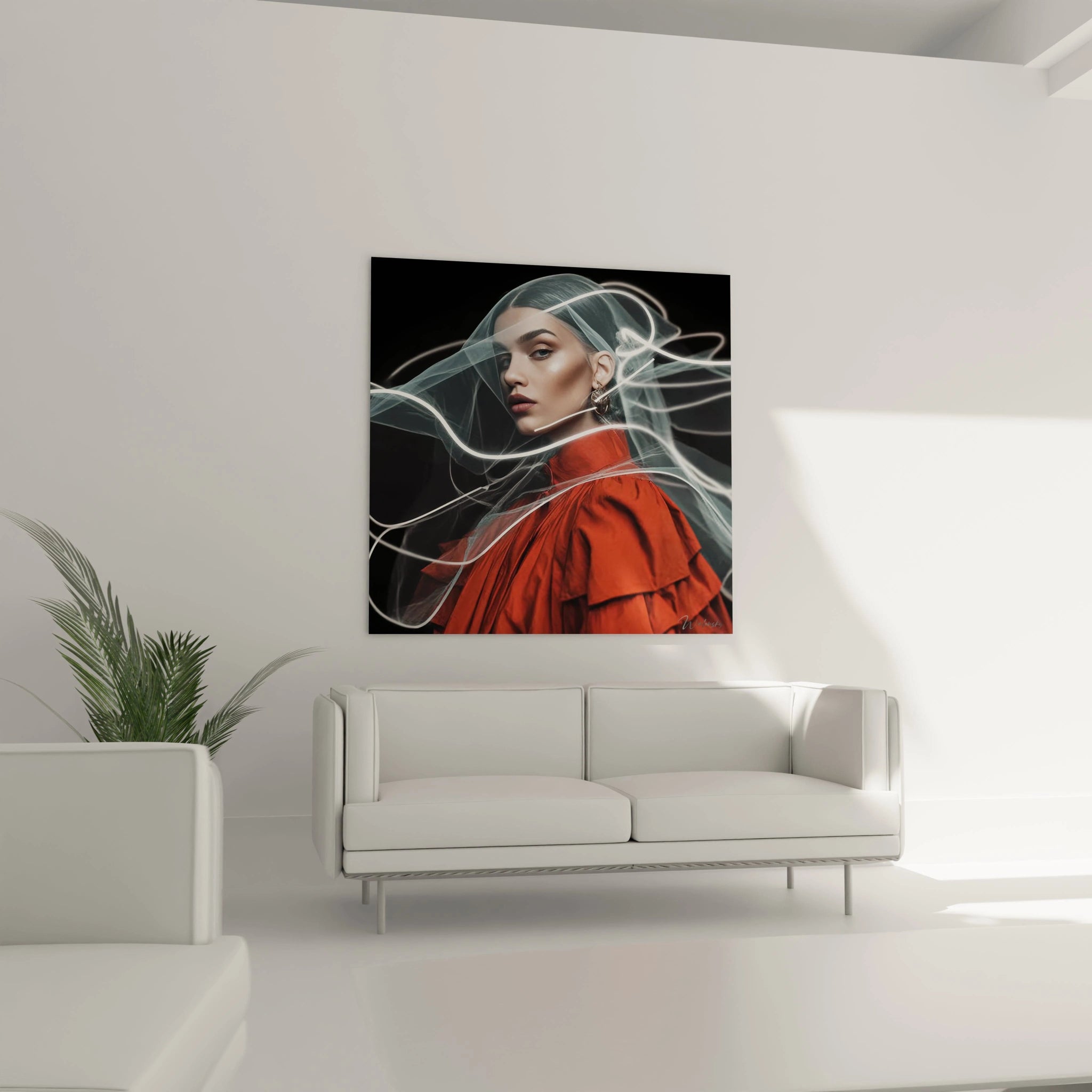Tableau illustration mode femme avec un portrait de femme en robe rouge dans un décor moderne