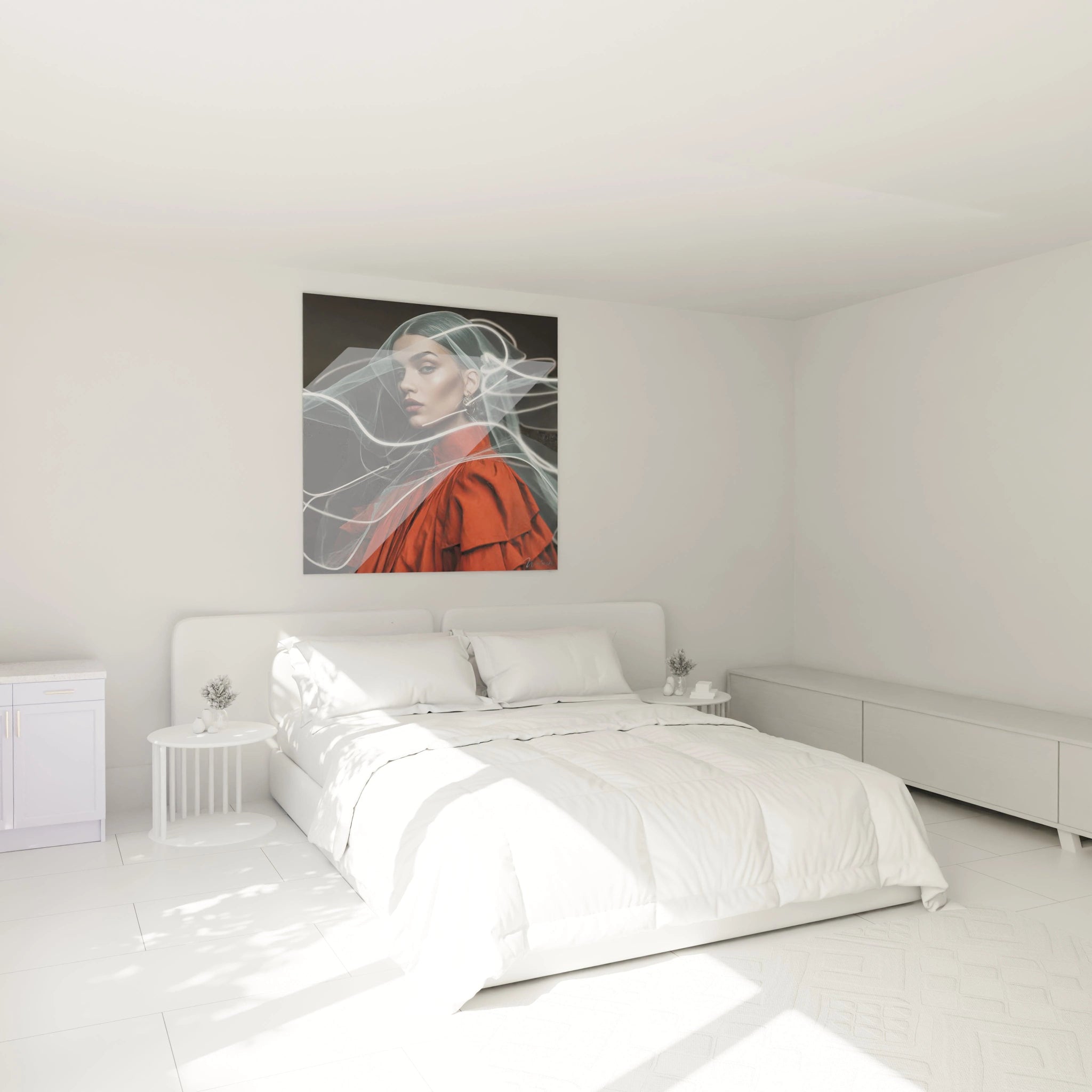 Tableau illustration mode femme de Walensky dans une chambre lumineuse avec lit blanc et décor minimaliste