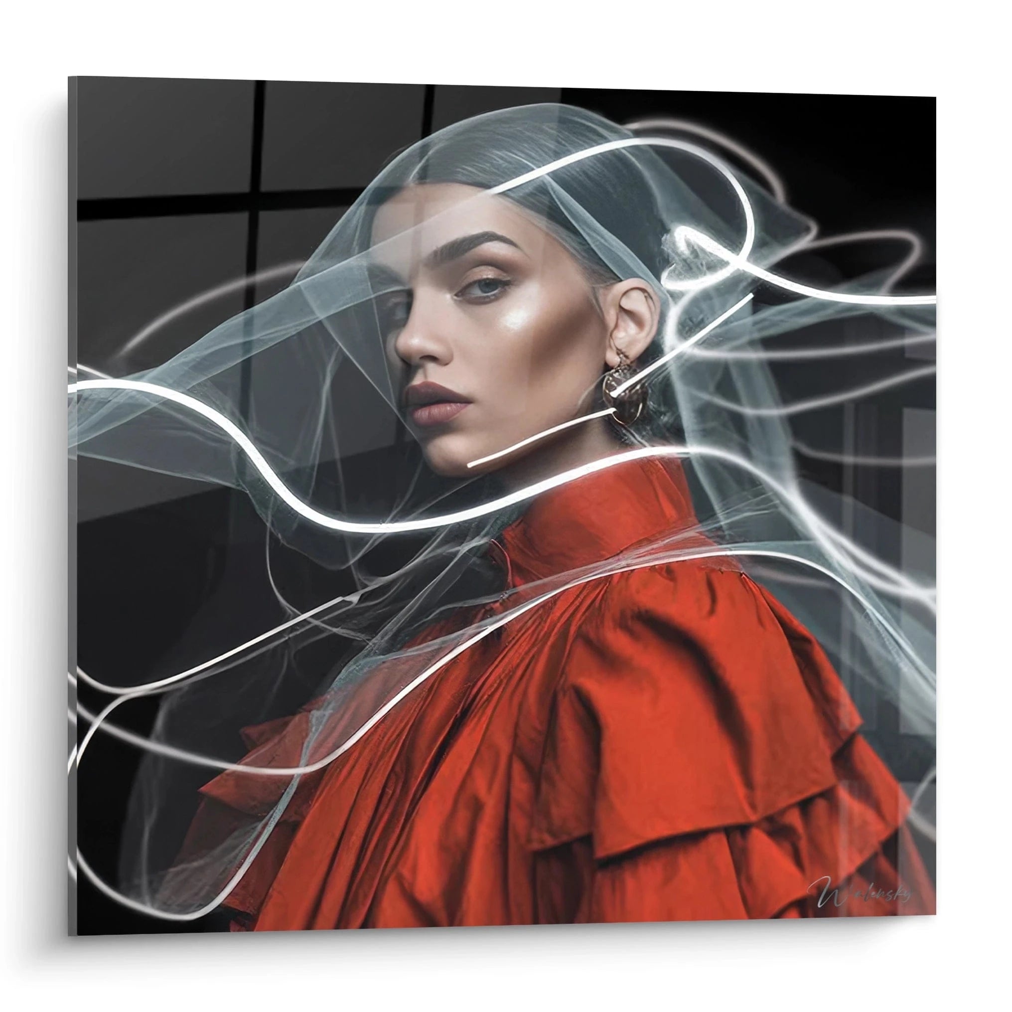 Tableau illustration mode femme avec un portrait de femme en robe rouge et voile translucide