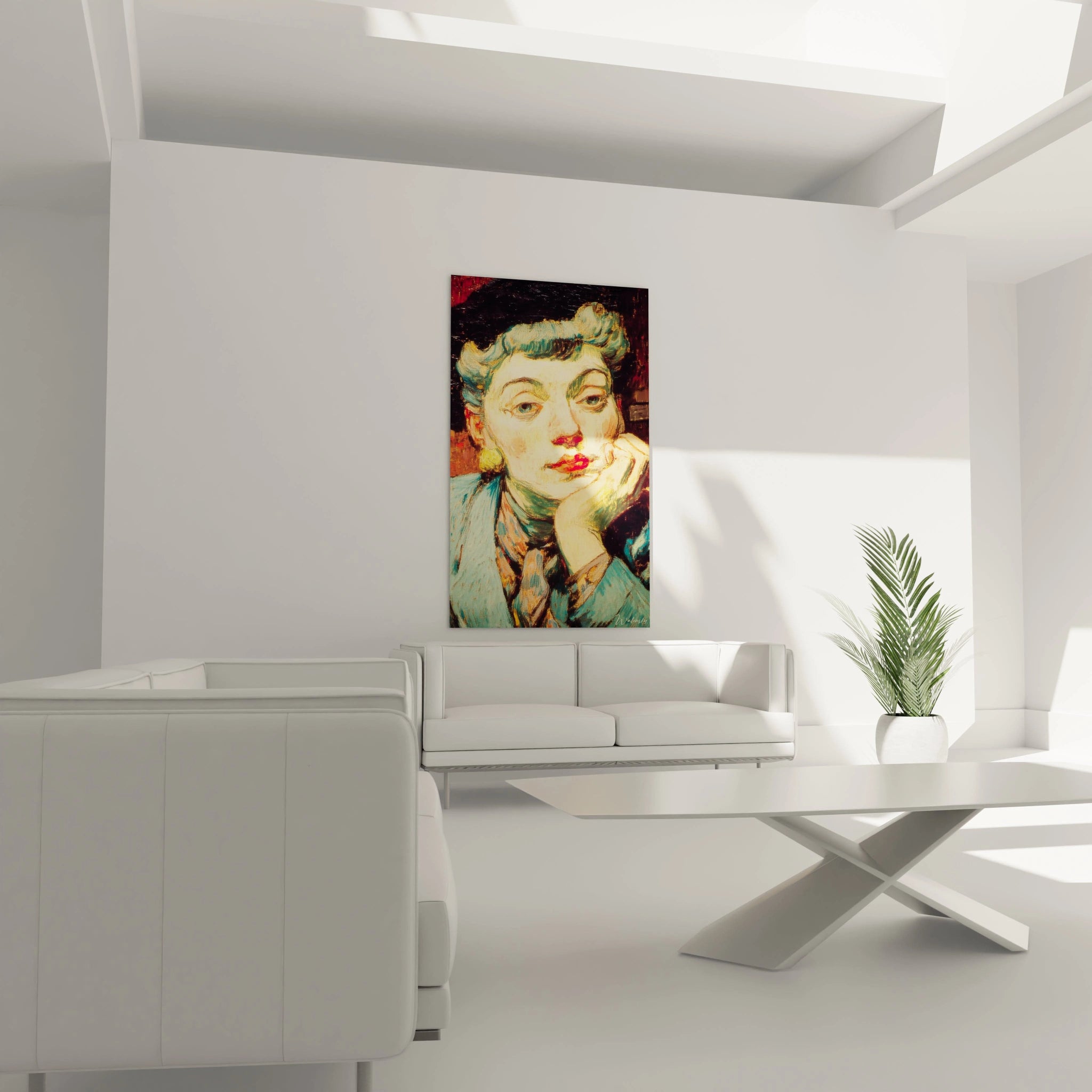 tableau femme rouge vermillon Walensky portrait vintage sur toile accroche au mur au dessus du canape blanc dans salon minimaliste
