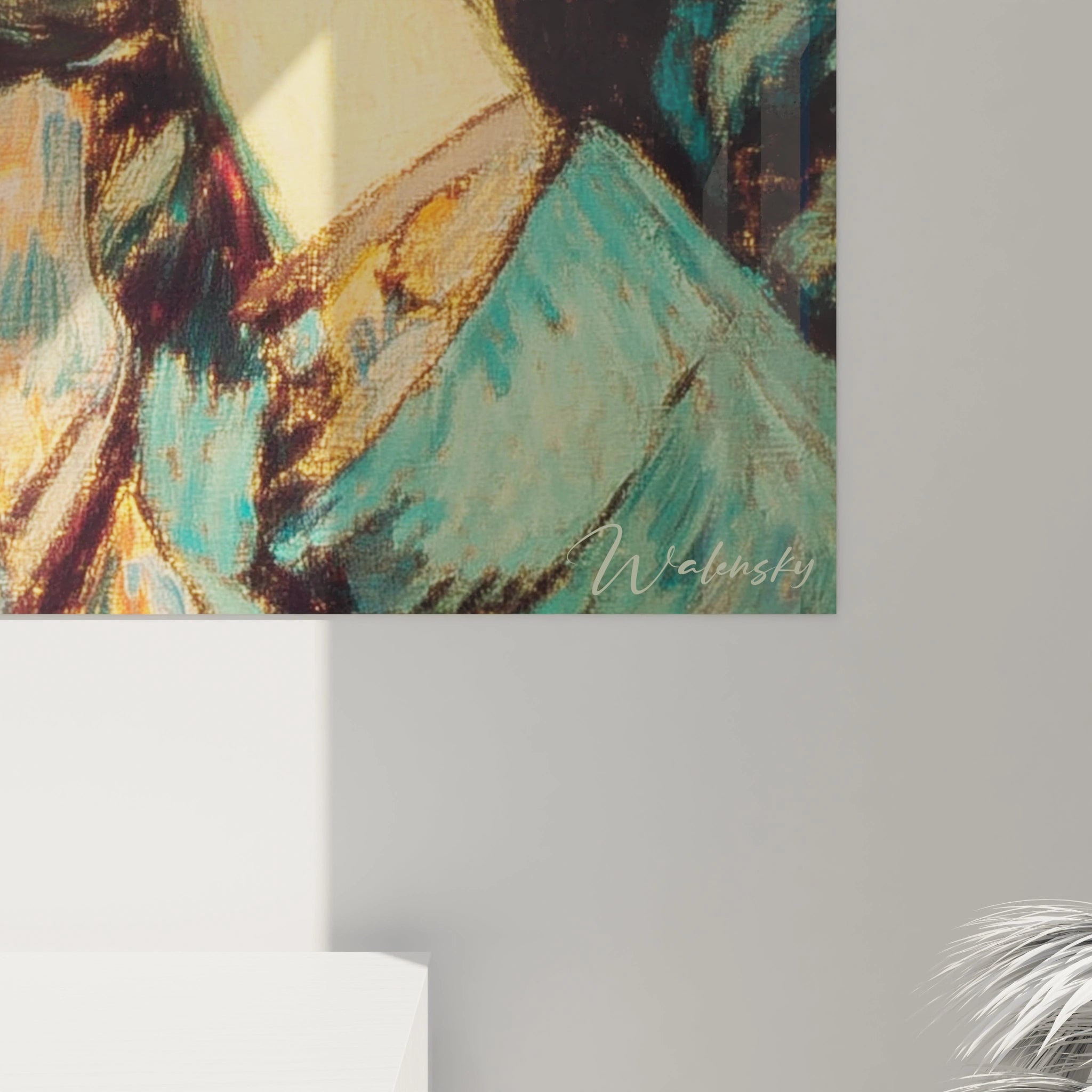 Tableau mural Walensky montrant portrait peint partiel de la femme tableau femme rouge vermillon et touches turquoise