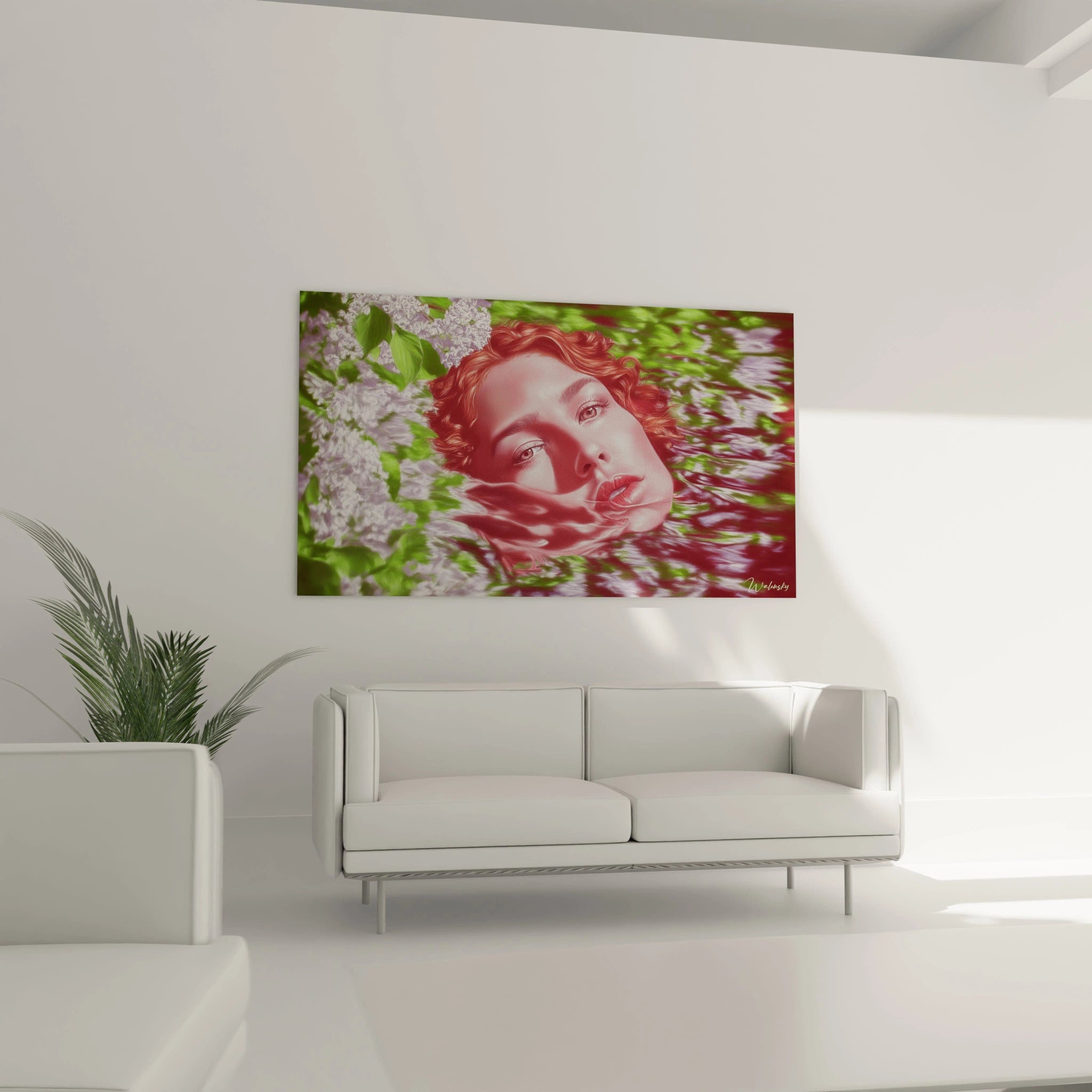 tableau femme hyperréalisme Walensky portrait d une femme rousse parmi fleurs blanches et reflets sur toile murale