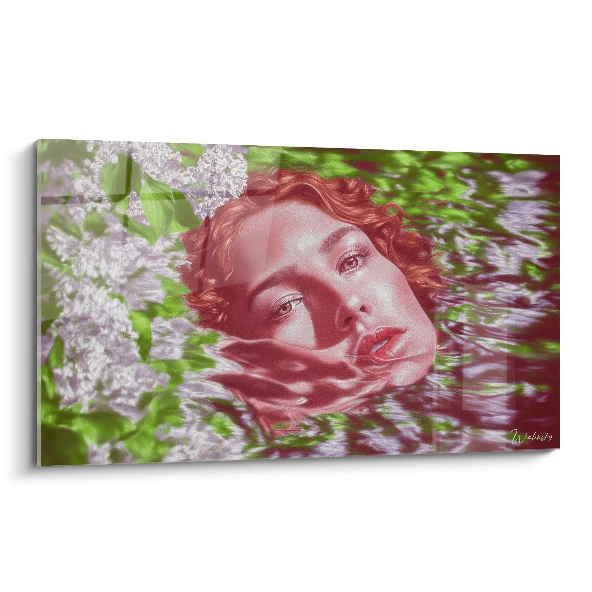 Tableau Walensky montrant visage de femme rousse flottant dans l eau parmi fleurs blanches tableau femme hyperréalisme