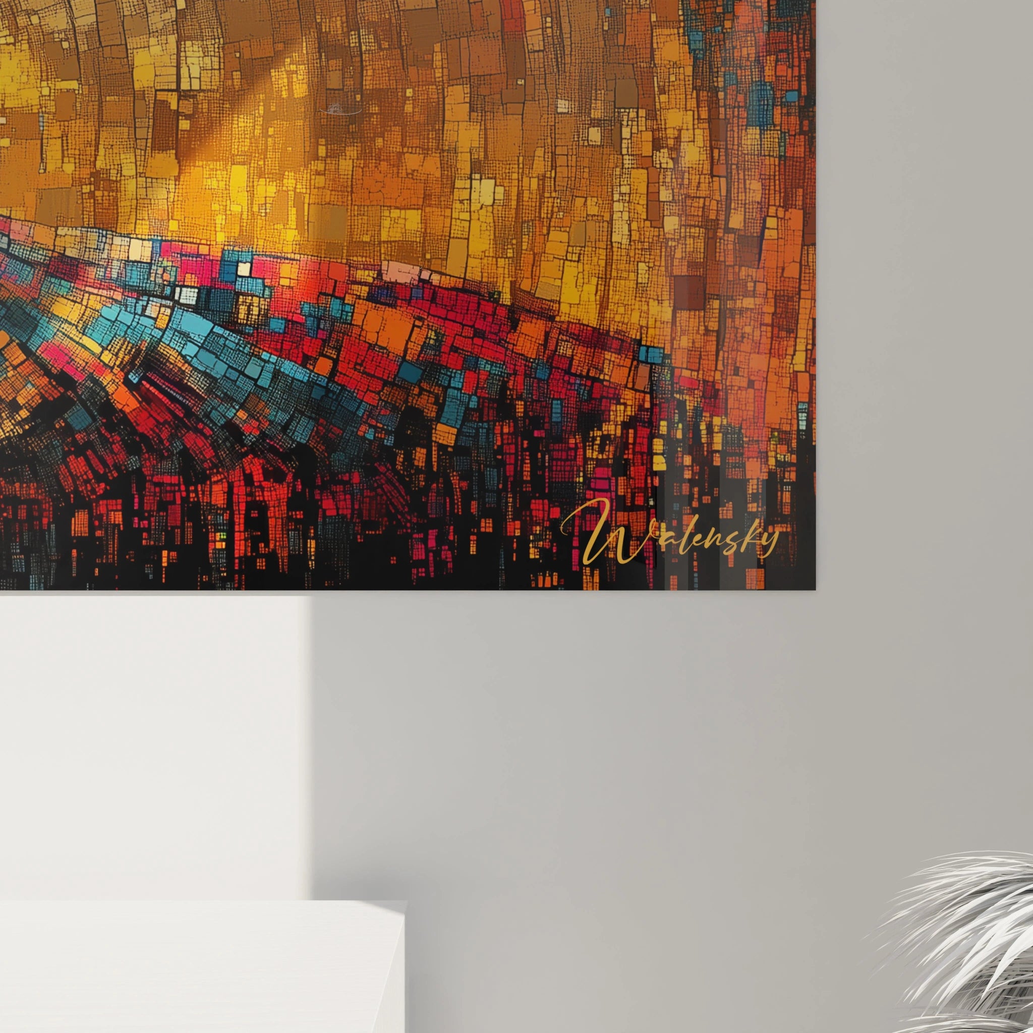 Tableau Egypte mural abstrait aux couleurs chaudes avec motifs géométriques par Walensky