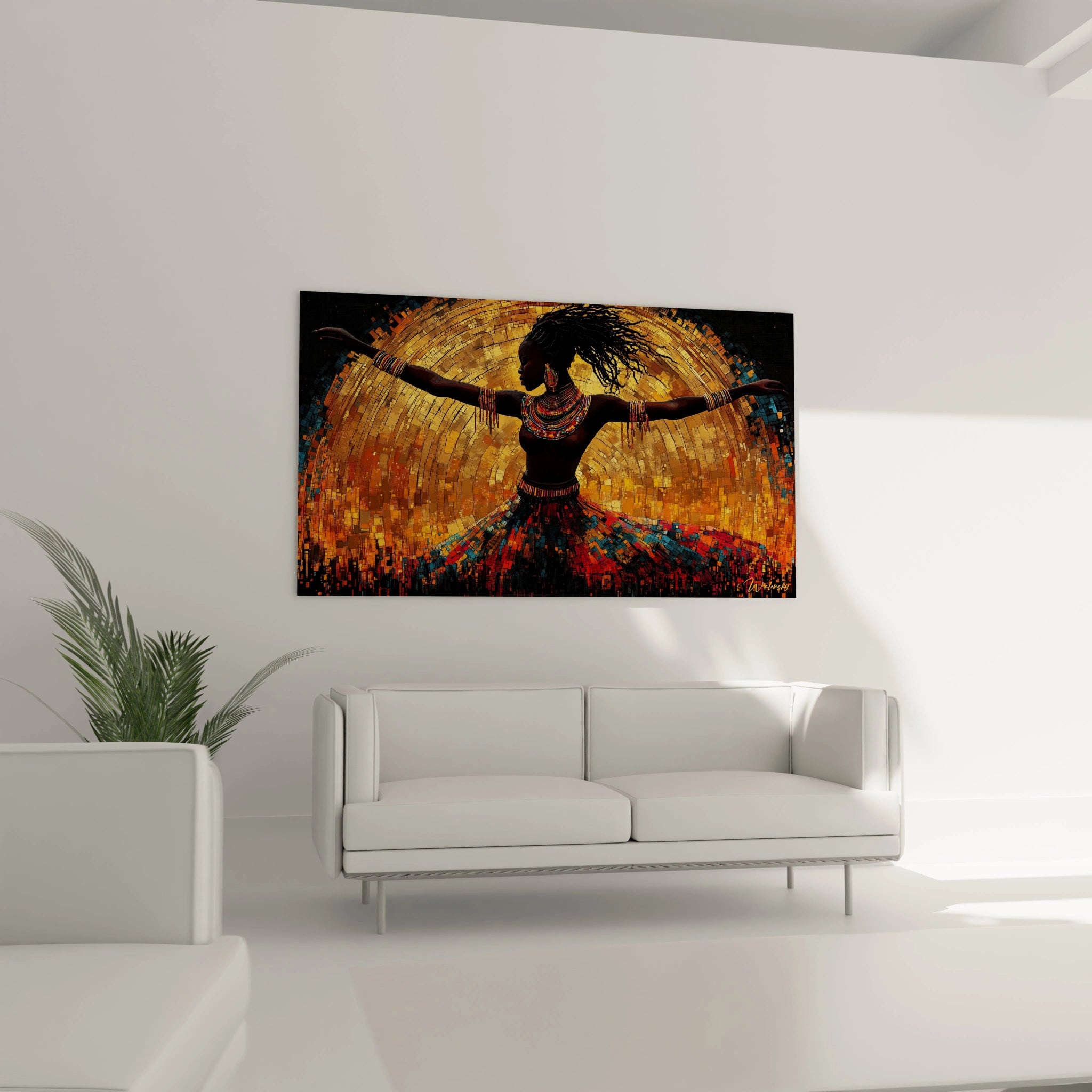 Tableau Egypte mural Walensky représentant une danseuse africaine en silhouette sur fond doré vibrant