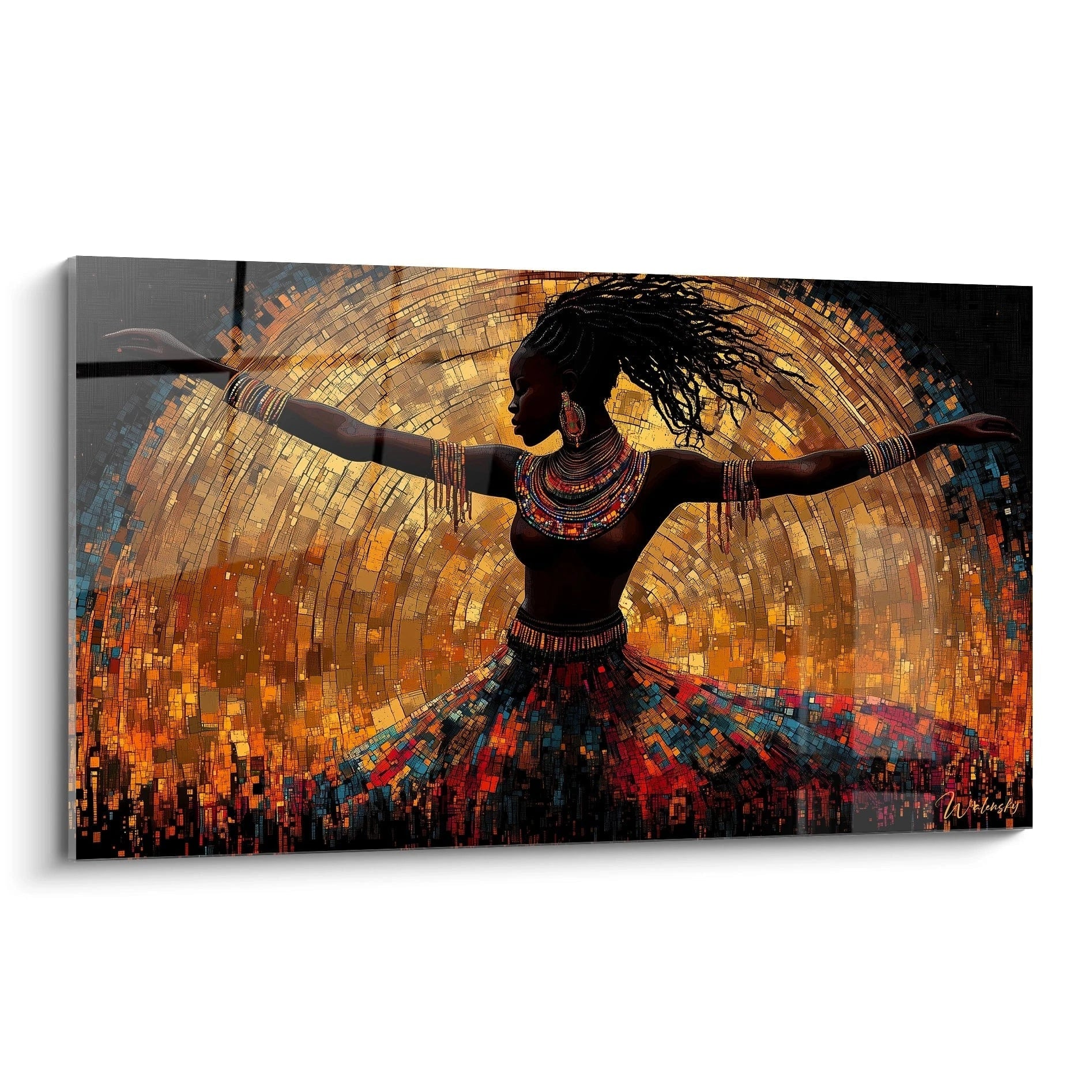 Tableau Egypte mural par Walensky représentant une femme africaine dansante avec un fond doré artistique