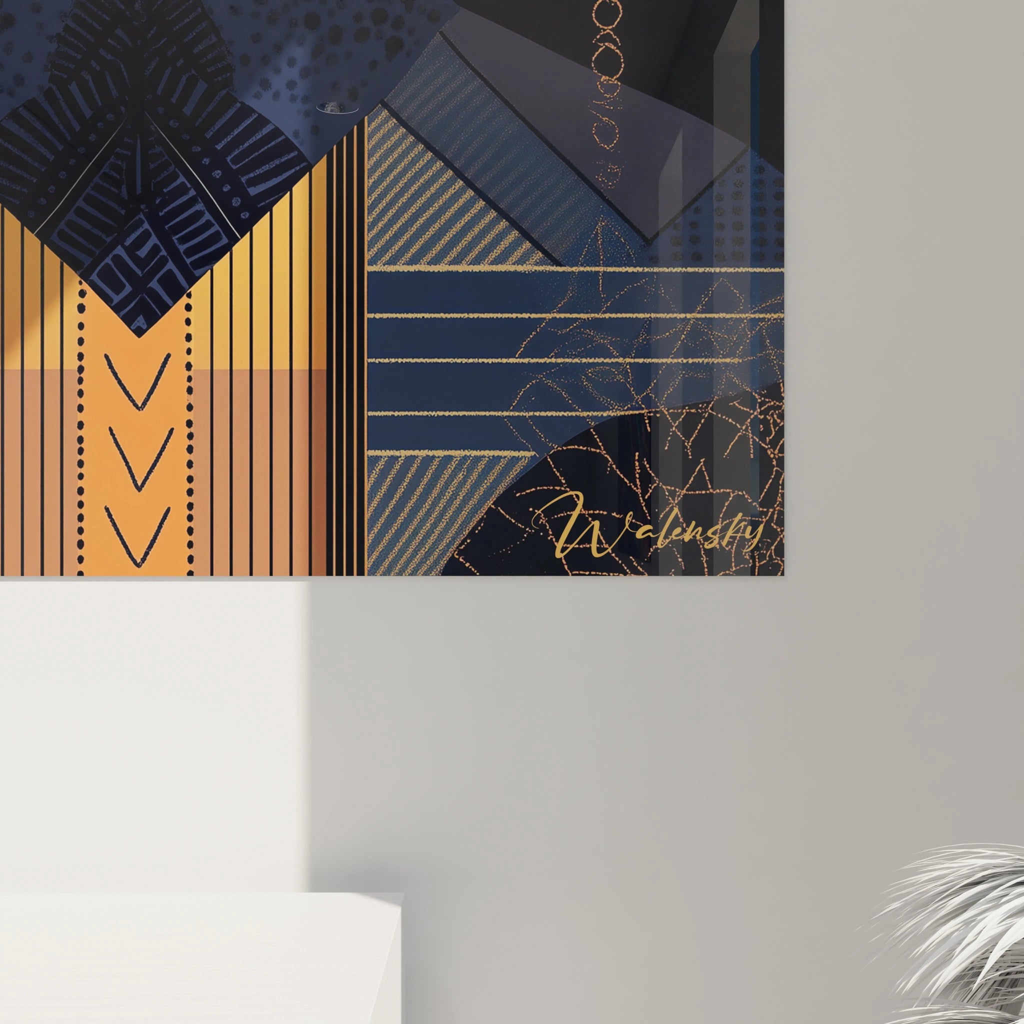 Tableau africain mural Walensky motifs géométriques bleus et ocres pour décoration intérieure