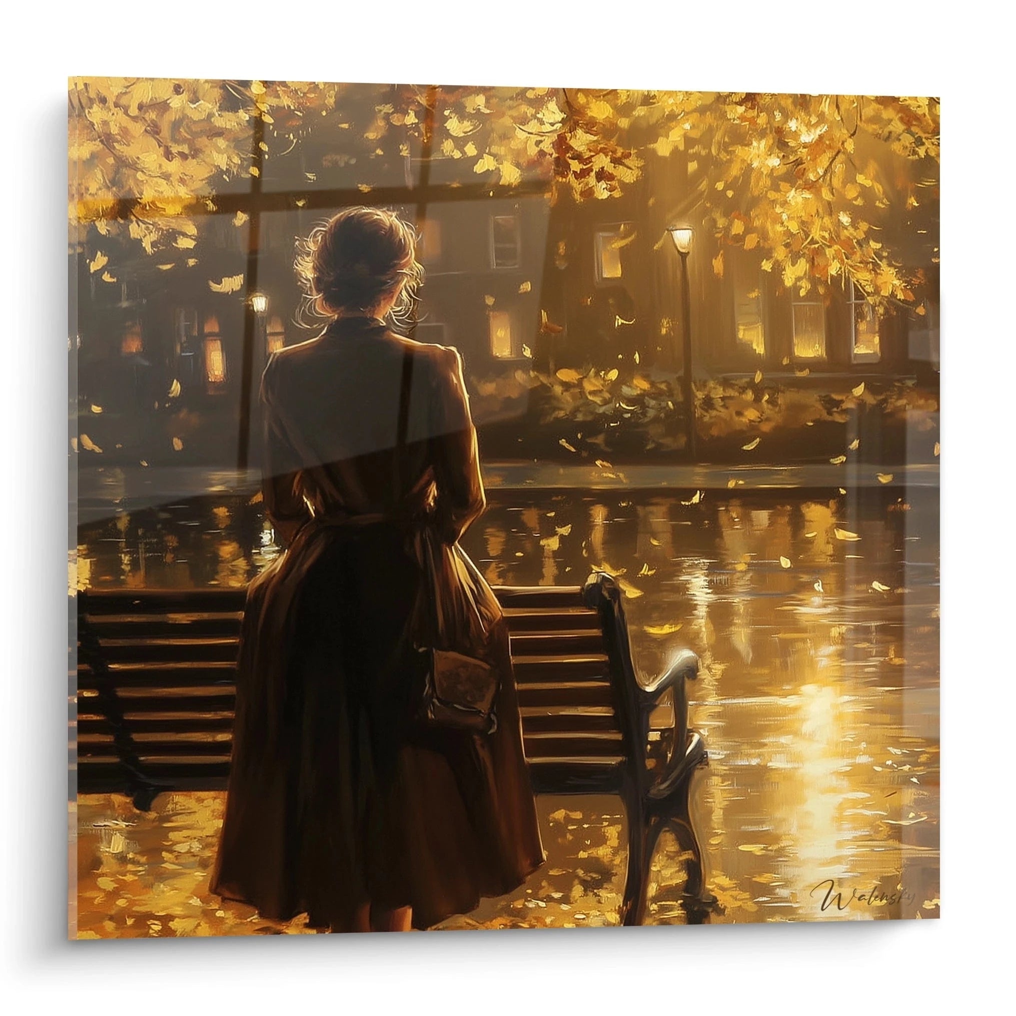 Walensky tableau femme automne représentant une femme de dos près d un banc au bord d un bassin éclairé de feuilles dorées