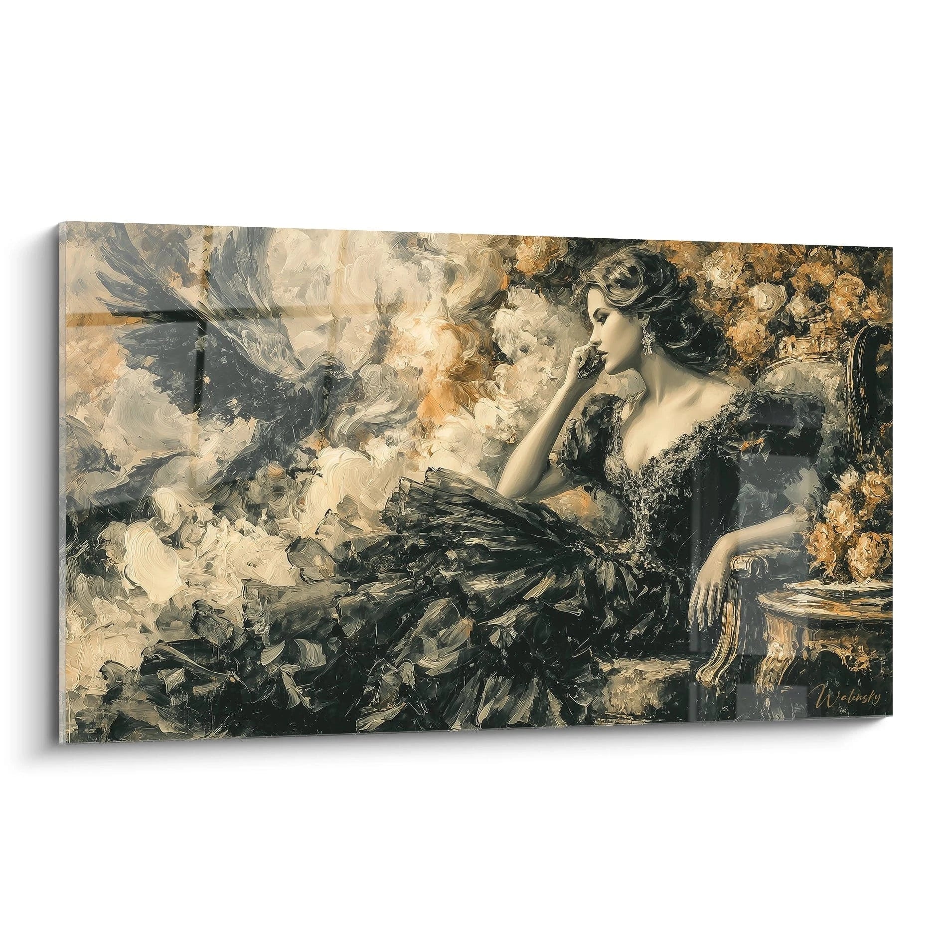 Walensky tableau gothique femme peinture murale romantique sombre femme assise en robe élégante entourée de fleurs