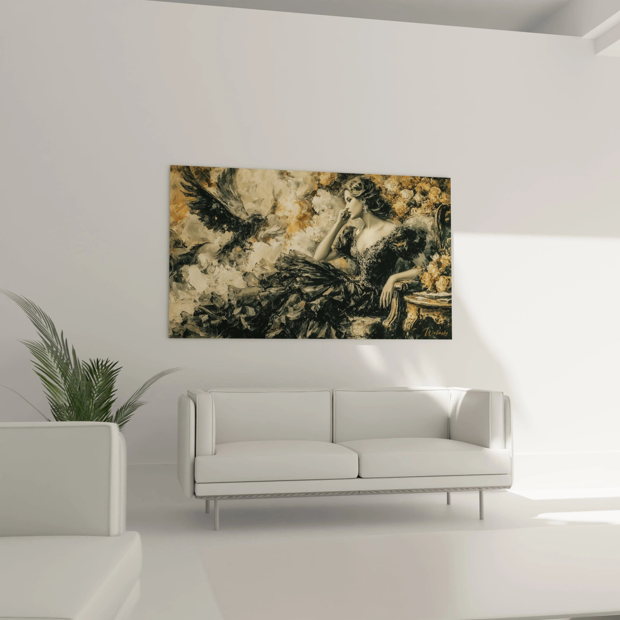 tableau gothique femme Walensky représentant une femme gothique allongée en tons noirs et dorés, décor mural élégant salon