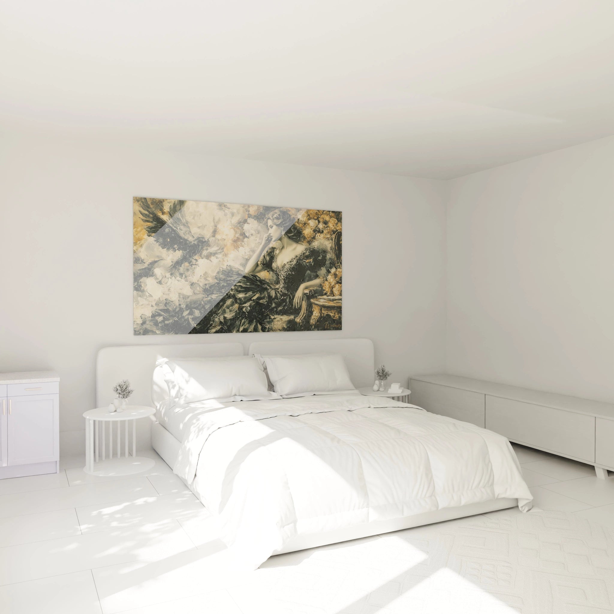 tableau gothique femme mural Walensky au dessus d un lit blanc moderne dans une chambre minimaliste
