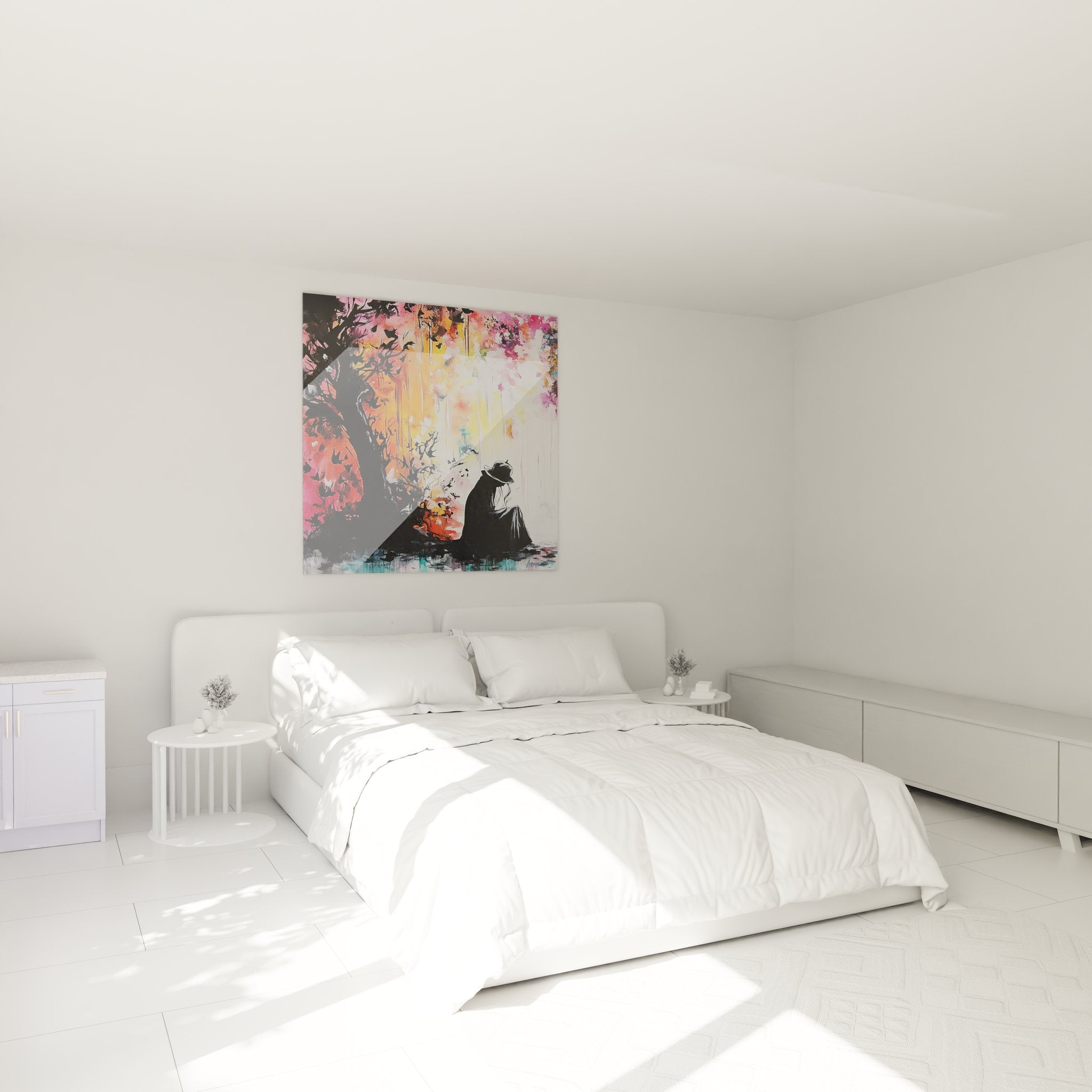 Ambiance chambre avec tableau mural femme silhouette arbre coloré décoration moderne figurative abstraite murale