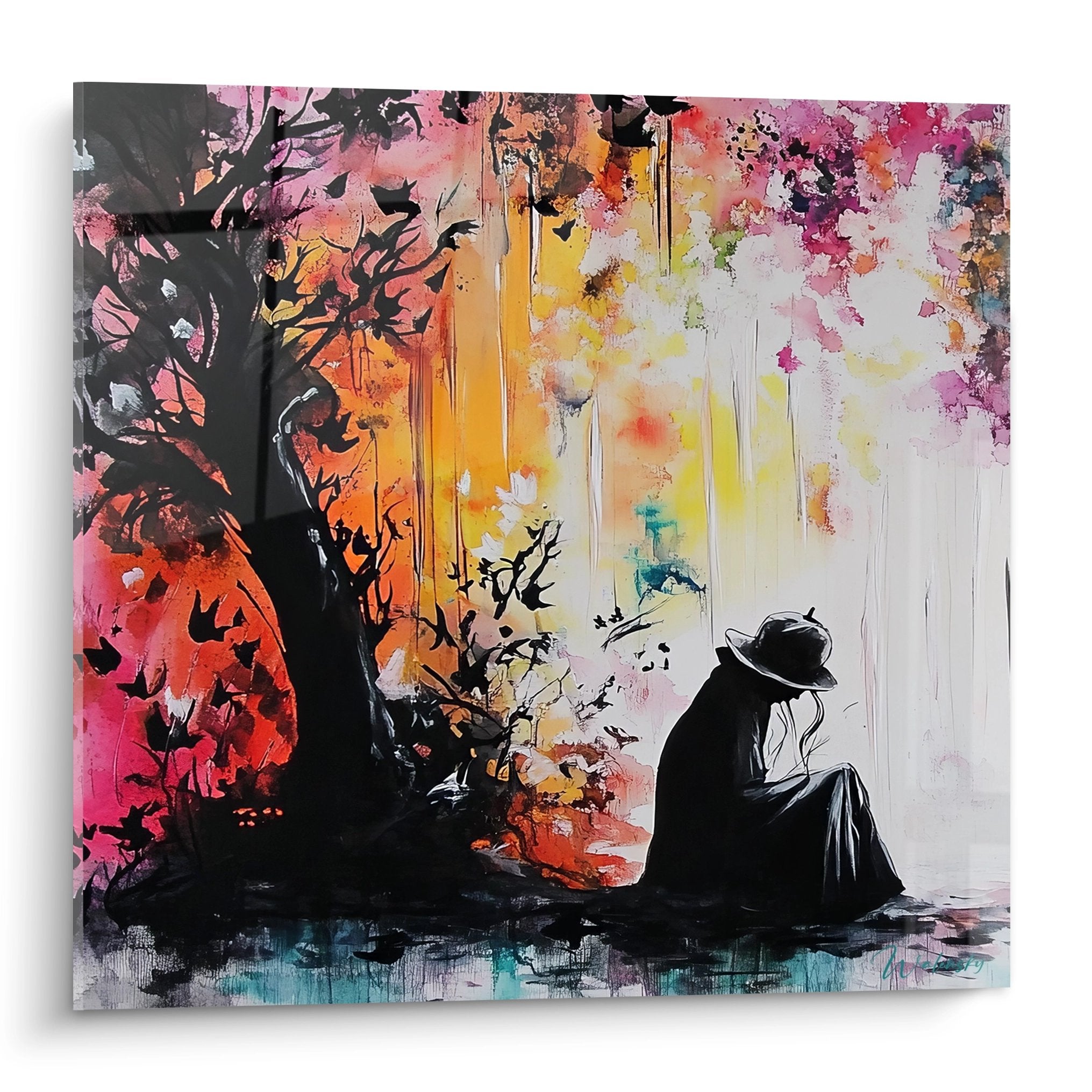 Tableau figuratif femme silhouette contemplant arbre aux couleurs vives roses oranges jaunes style abstrait moderne