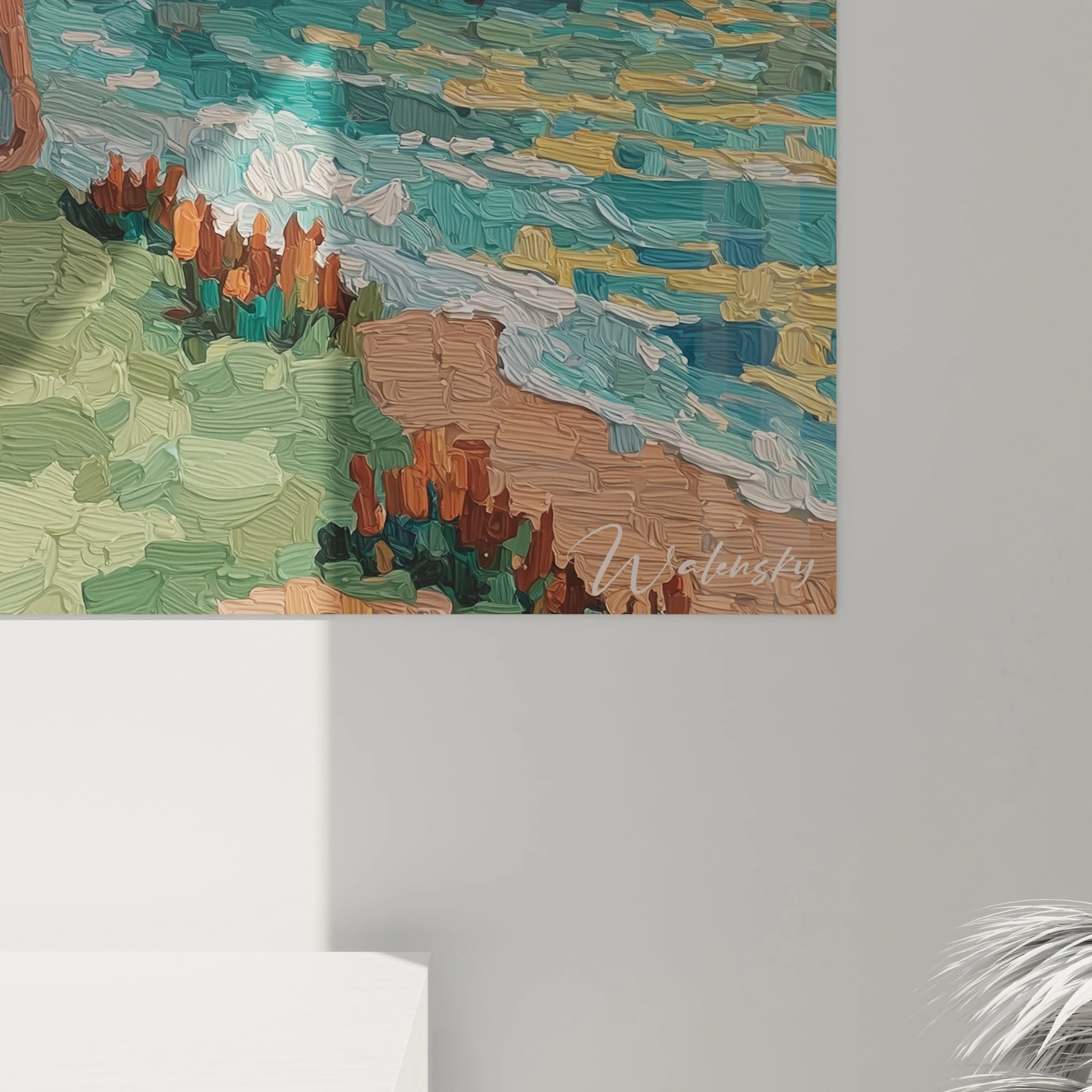 Tableau mural Walensky tableau femme sirène terrestre paysage côtier texturé aux vagues turquoises et dunes verdoyantes